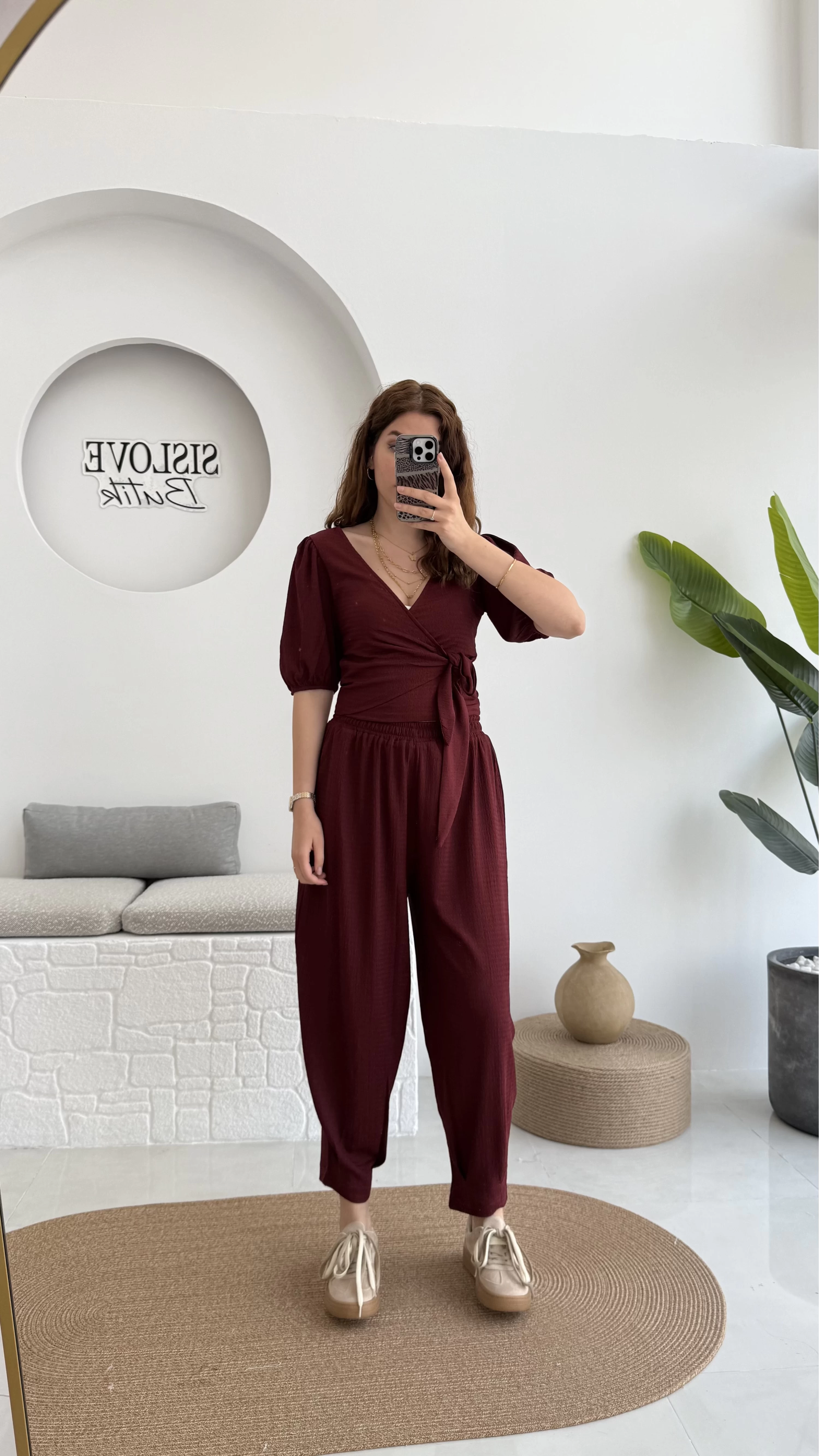 Bürümcük Kumaş Bağlamalı Üst Şalvar Takım - Bordo - 1018 - 4022