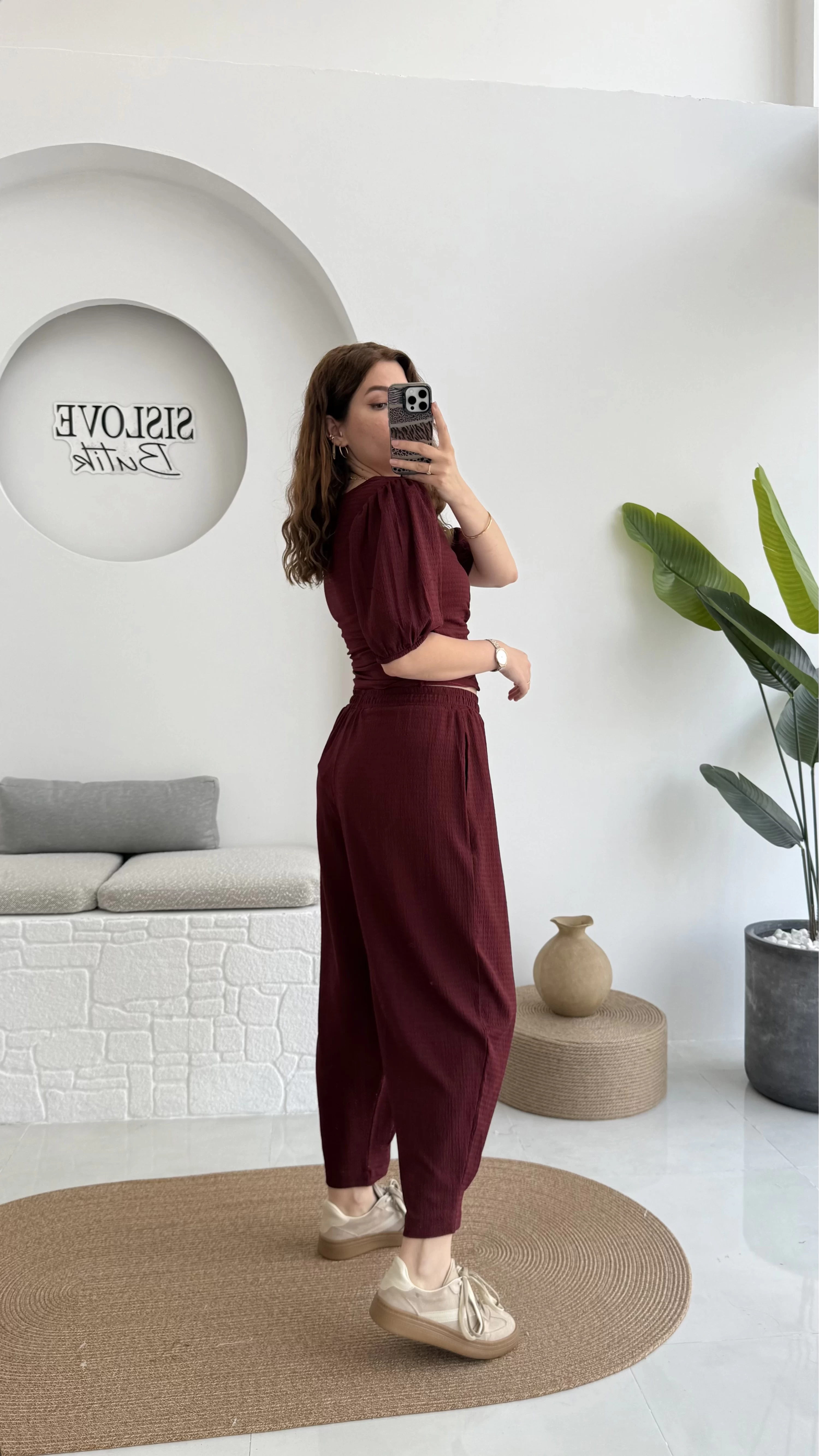 Bürümcük Kumaş Bağlamalı Üst Şalvar Takım - Bordo - 1018 - 4022
