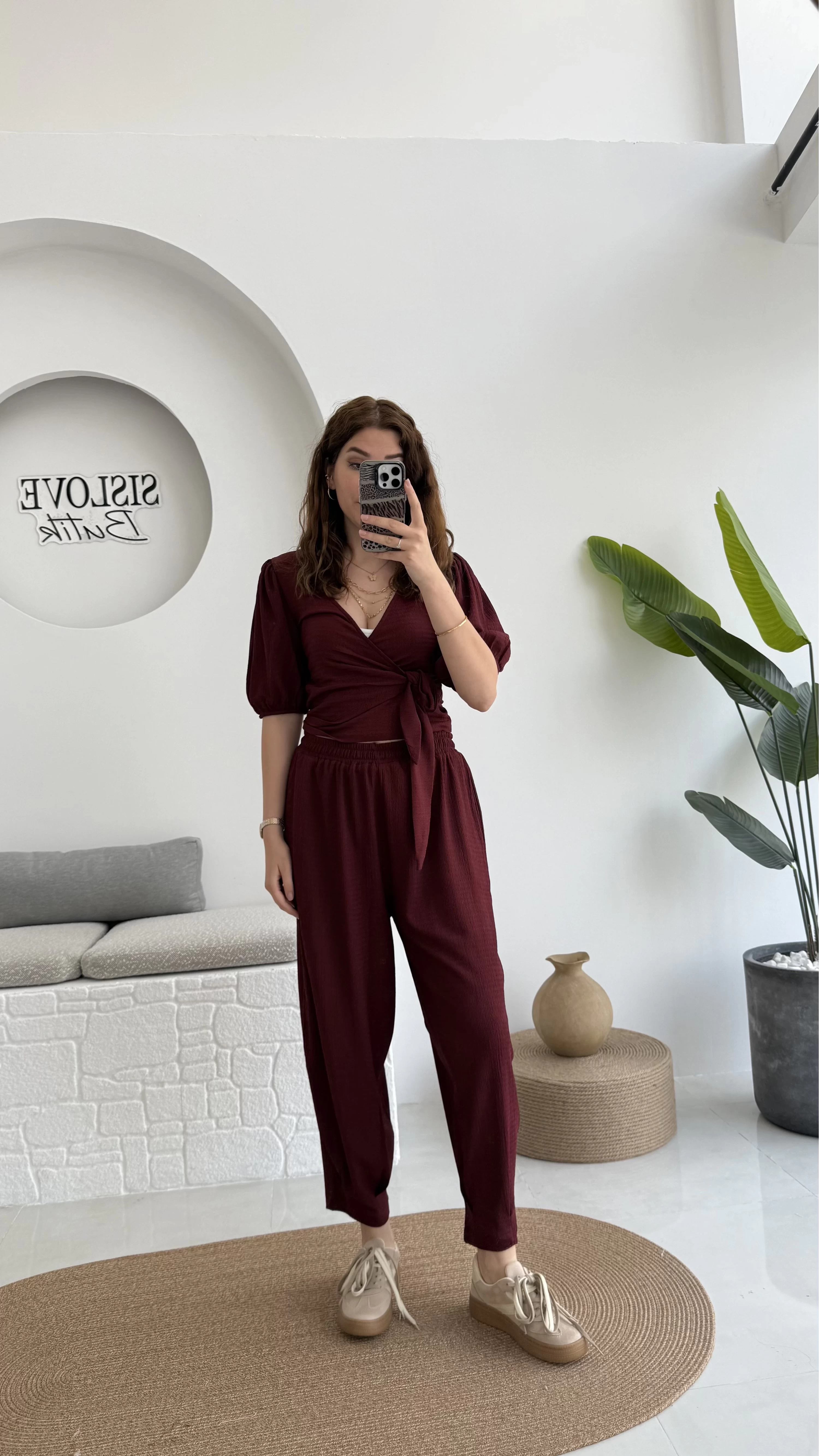 Bürümcük Kumaş Bağlamalı Üst Şalvar Takım - Bordo - 1018 - 4022