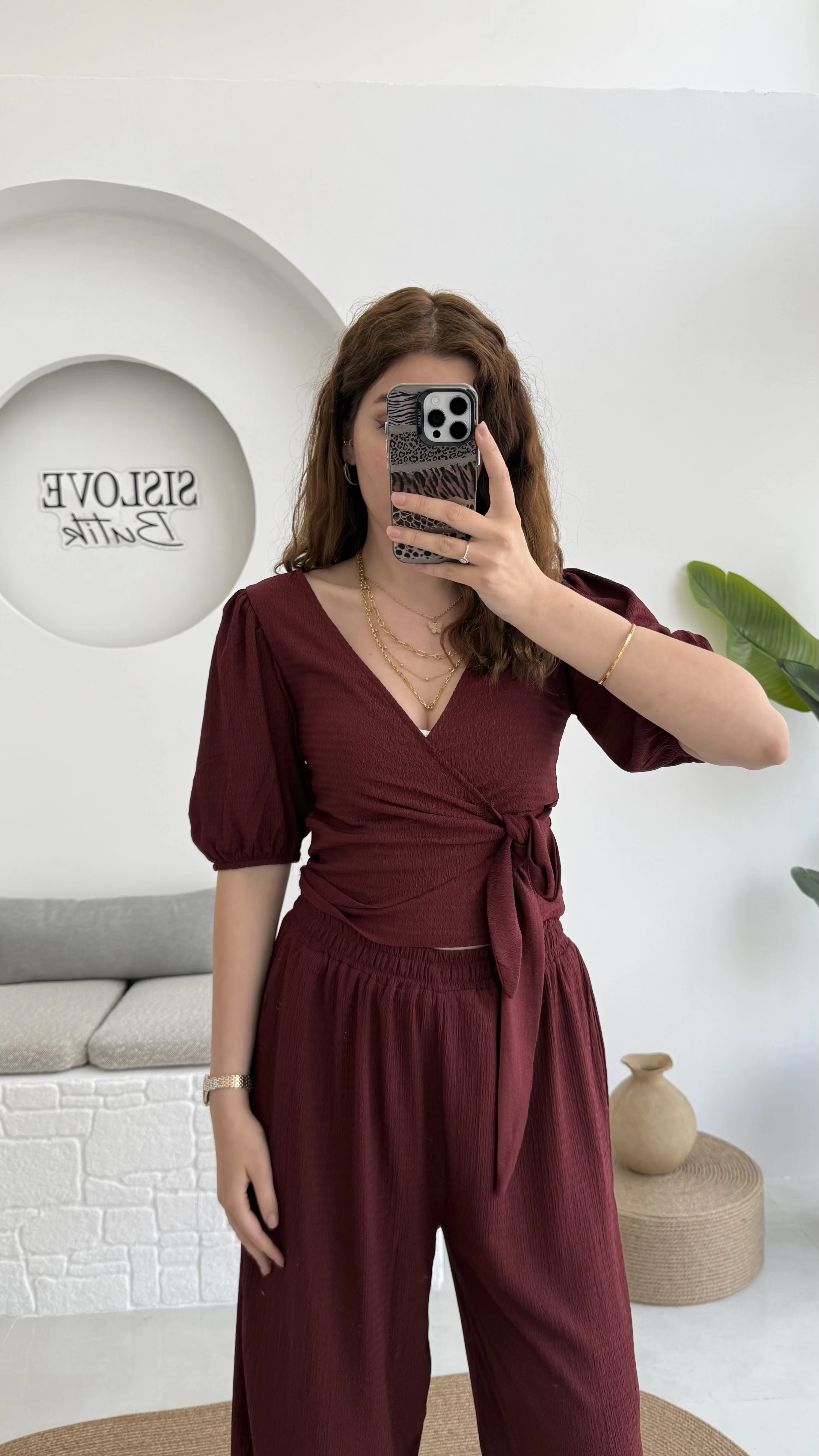 Bürümcük Kumaş Bağlamalı Üst Şalvar Takım - Bordo - 1018 - 4022