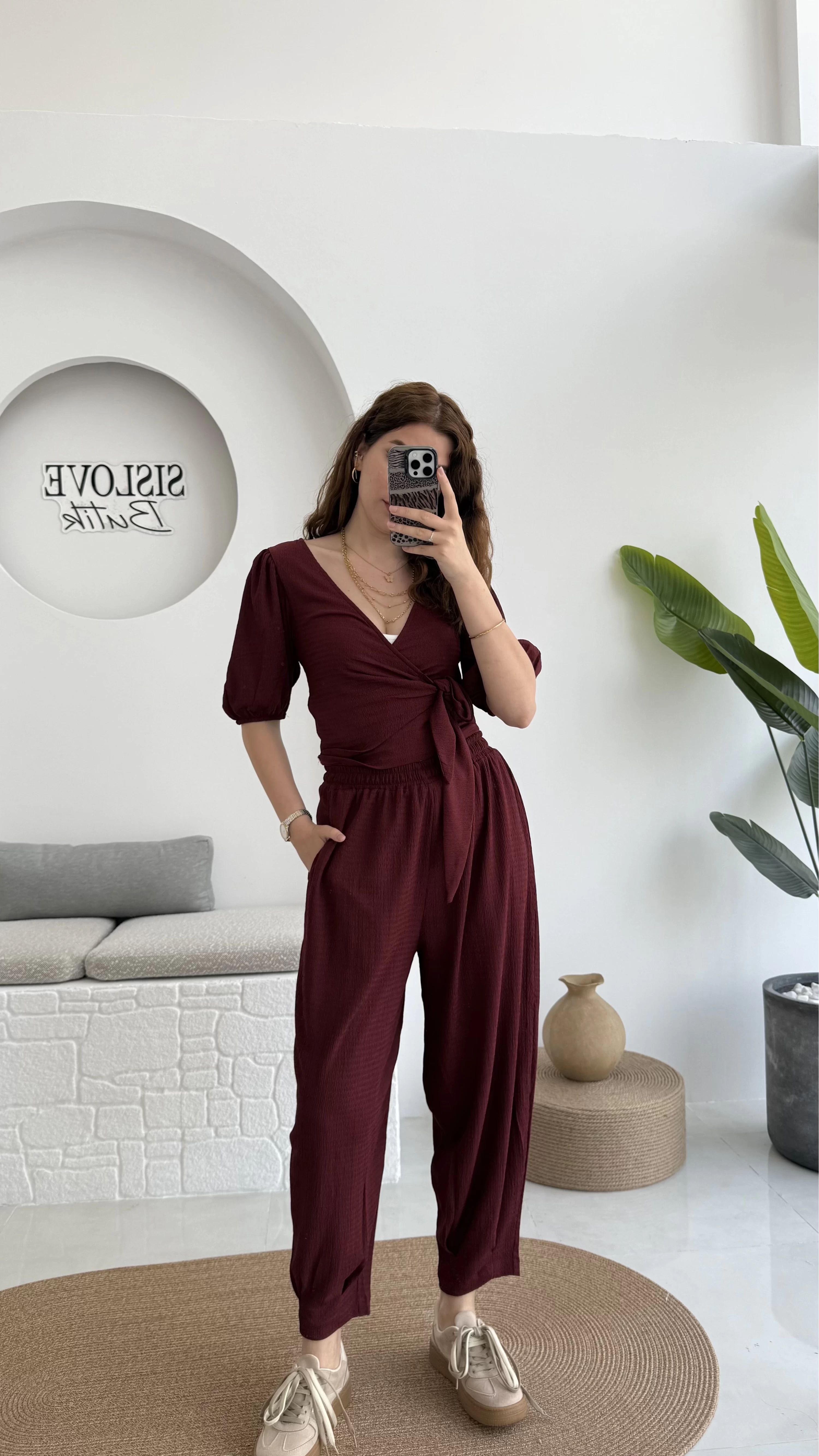 Bürümcük Kumaş Bağlamalı Üst Şalvar Takım - Bordo - 1018 - 4022