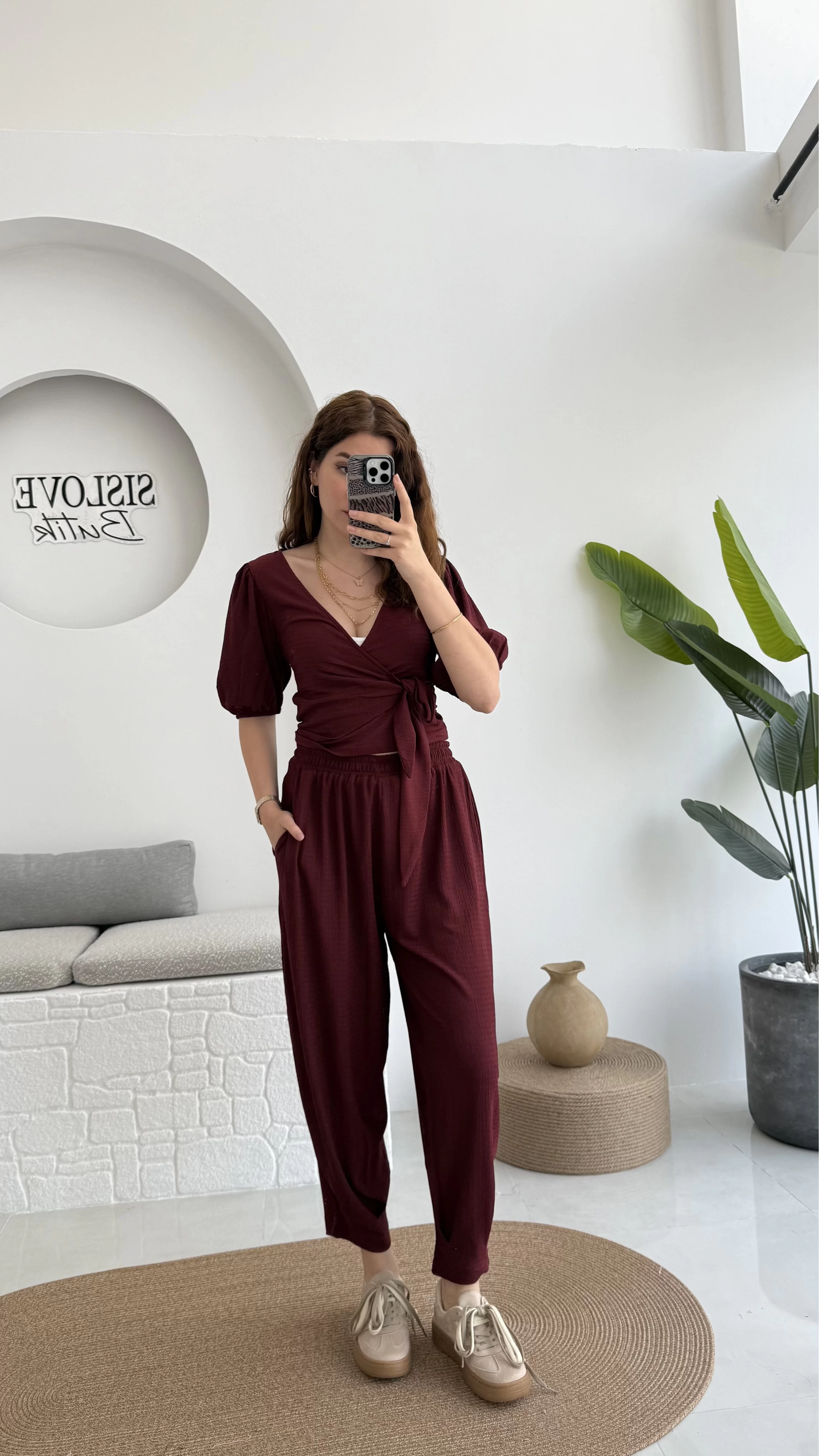 Bürümcük Kumaş Bağlamalı Üst Şalvar Takım - Bordo - 1018 - 4022