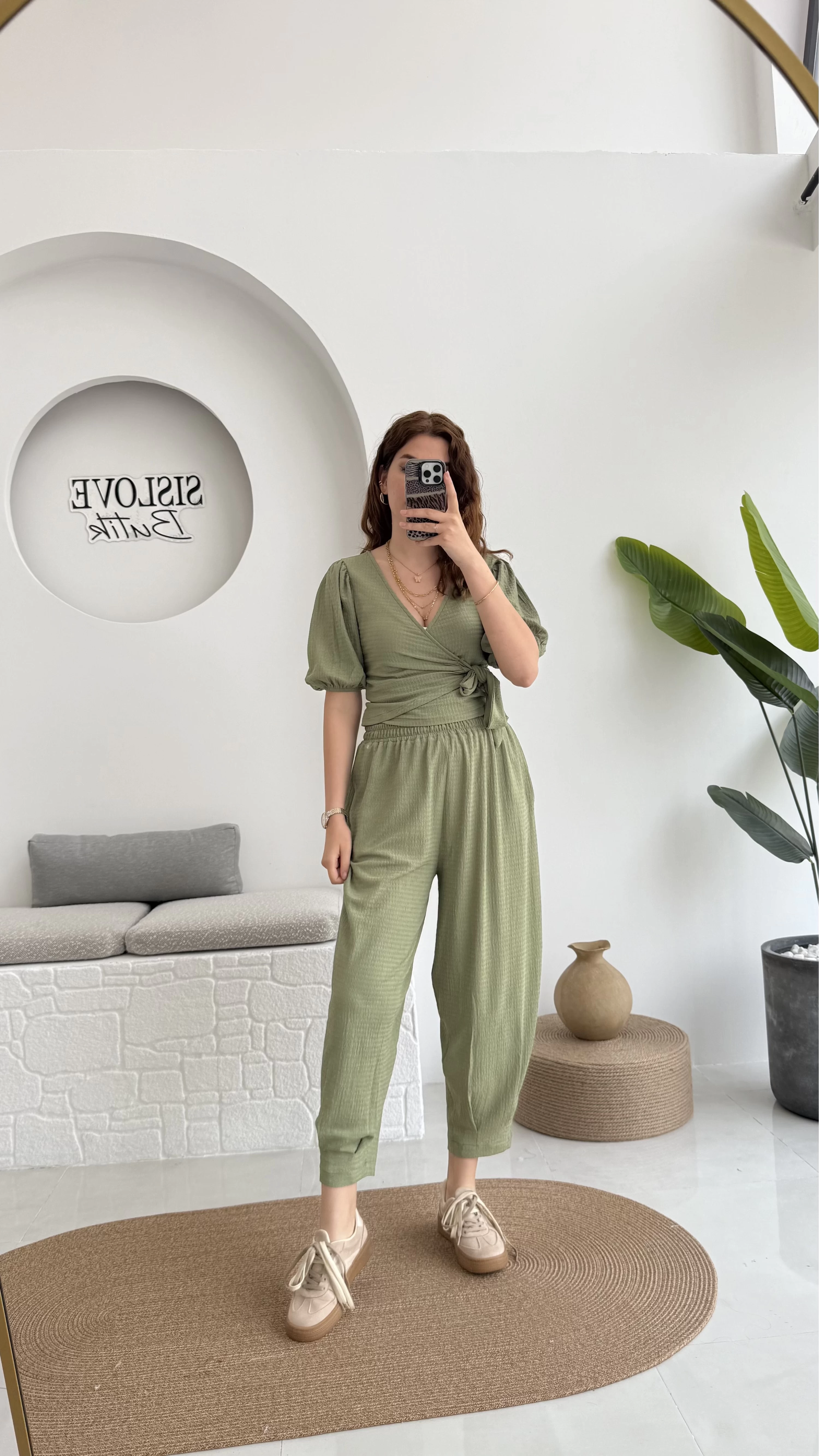 Bürümcük Kumaş Bağlamalı Üst Şalvar Takım - Çağla Yeşili - 1018 - 4022