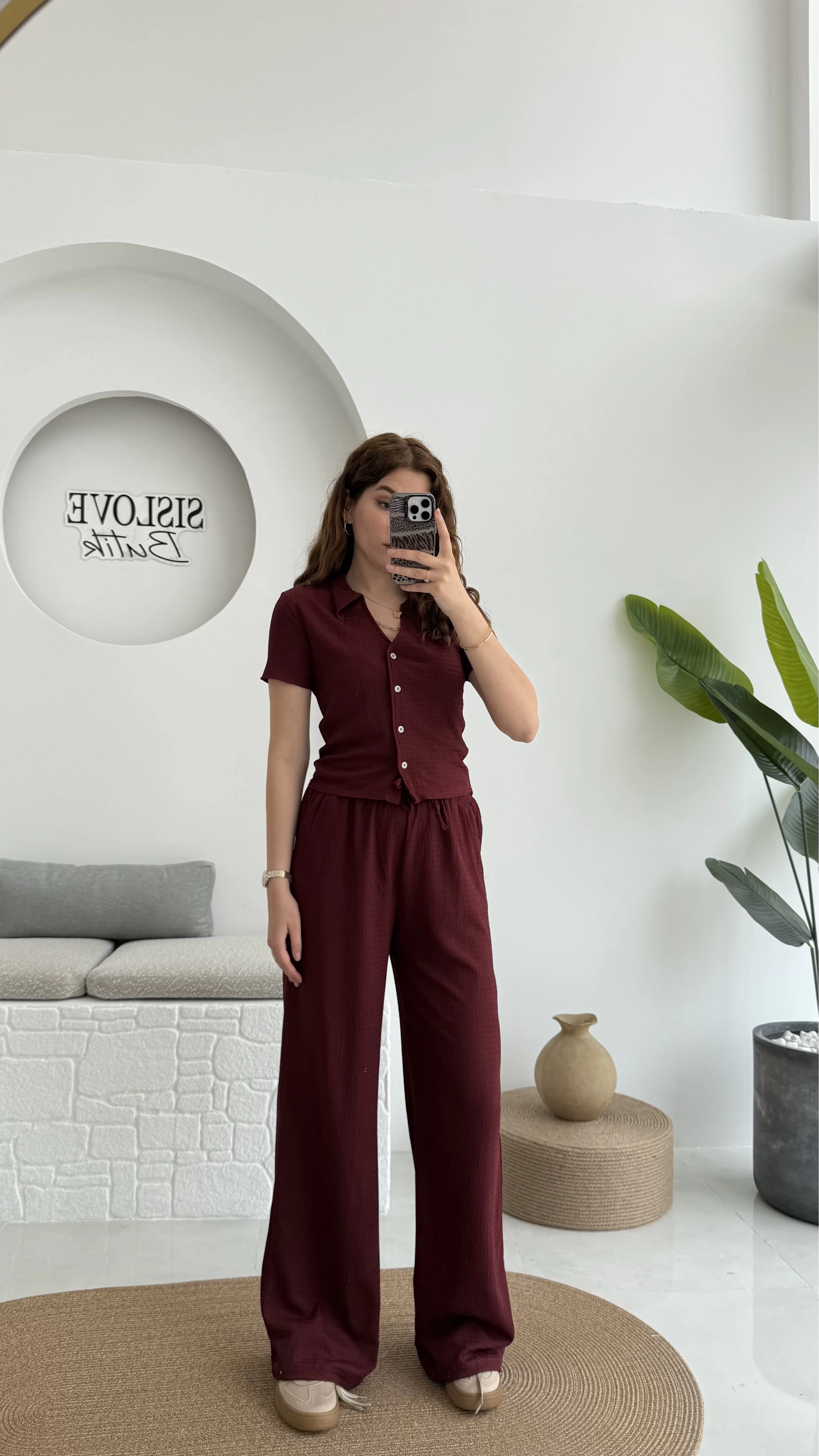 Bürümcük Kumaş Kısa Gömlek Pantolon Takım Bordo - 2096 - 4023