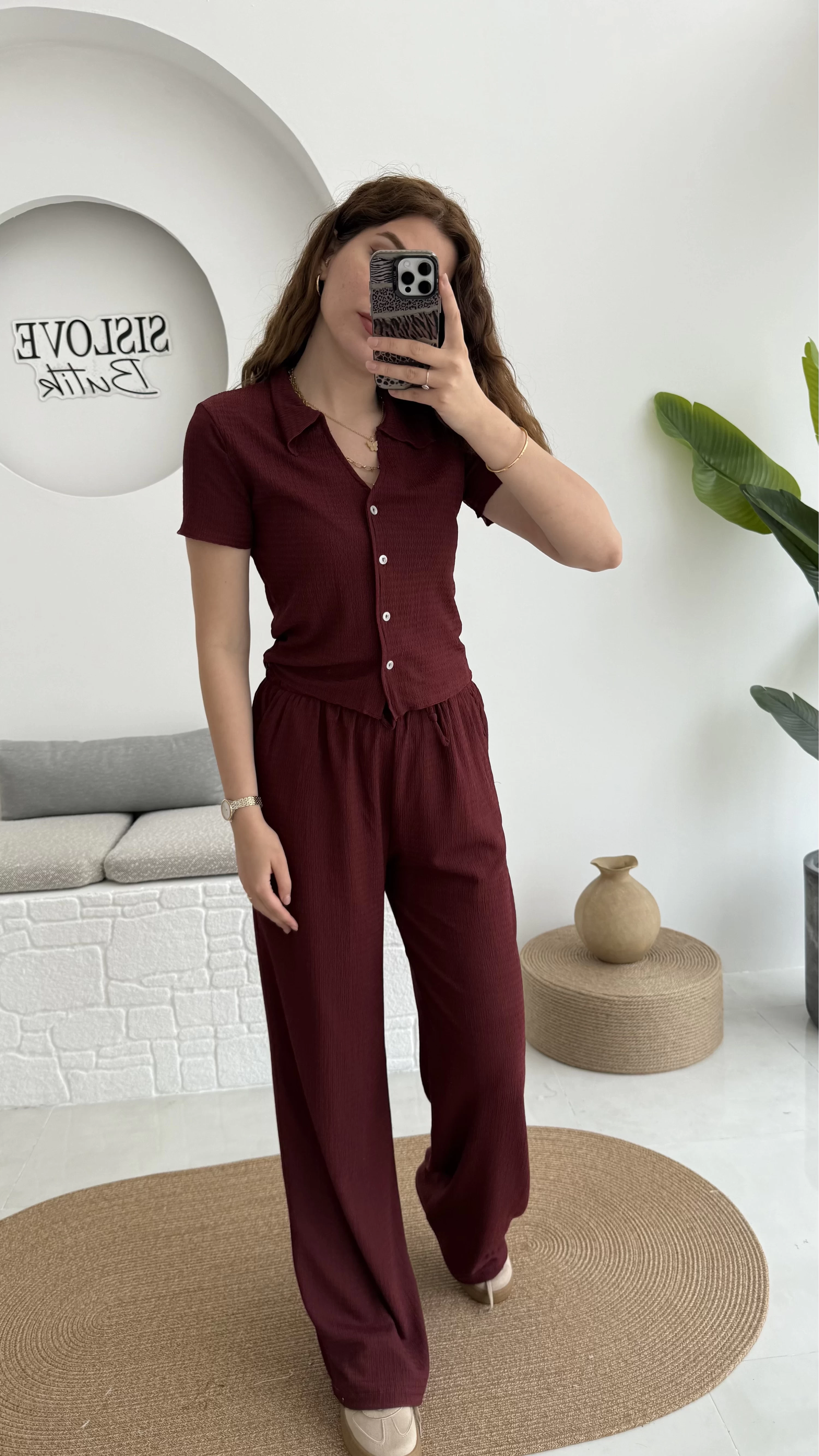 Bürümcük Kumaş Kısa Gömlek Pantolon Takım Bordo - 2096 - 4023