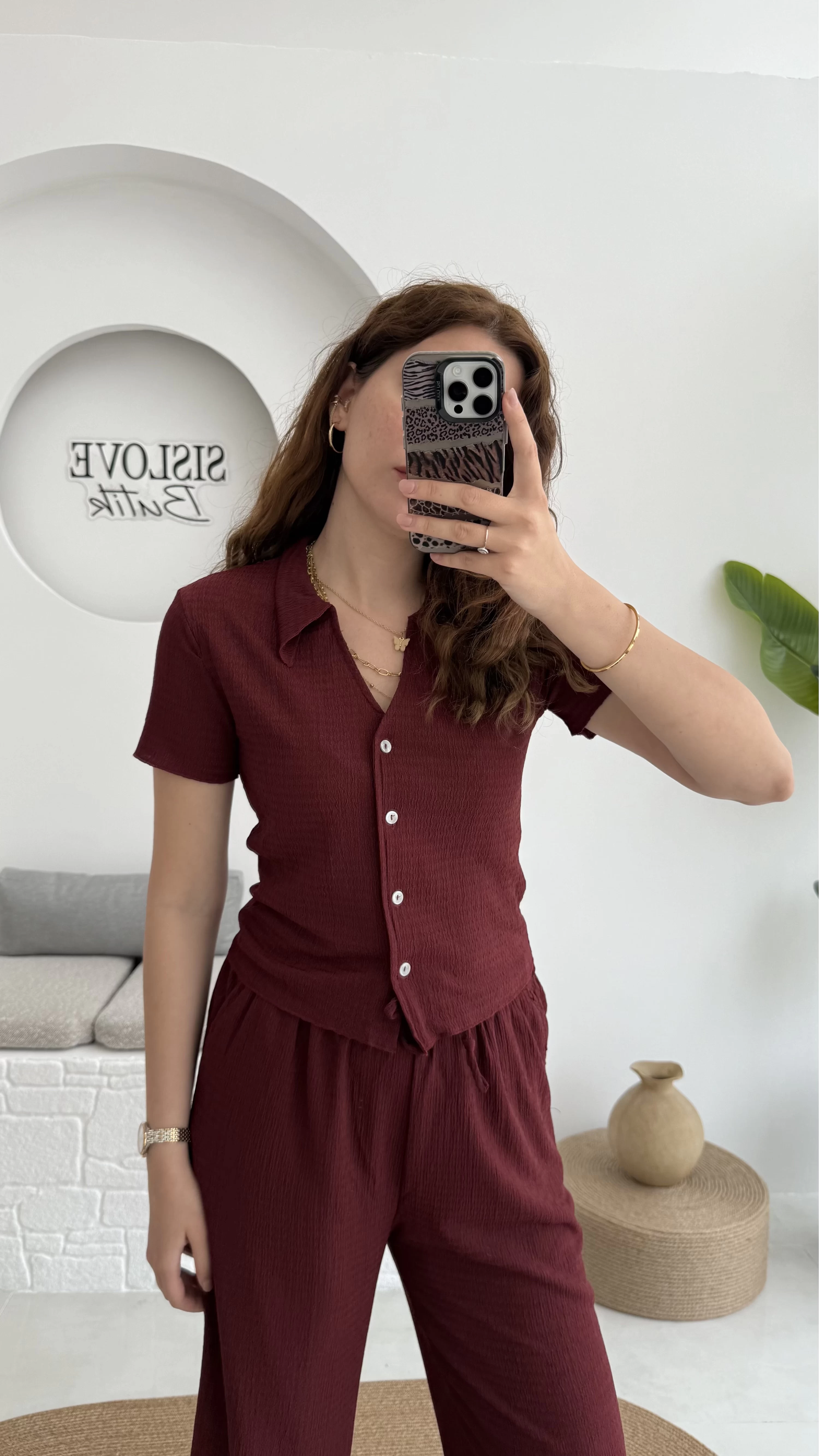 Bürümcük Kumaş Kısa Gömlek Pantolon Takım Bordo - 2096 - 4023
