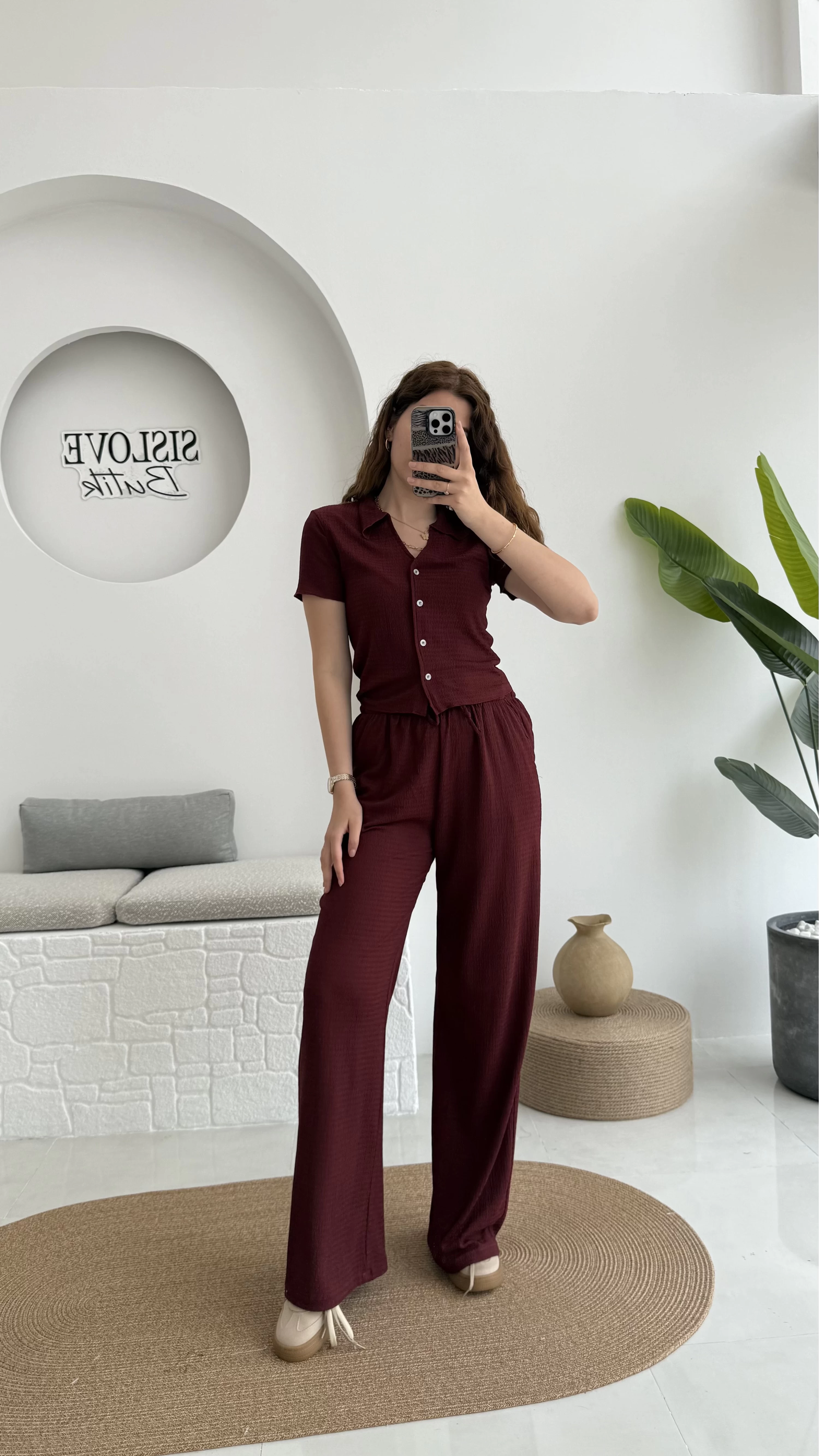 Bürümcük Kumaş Kısa Gömlek Pantolon Takım Bordo - 2096 - 4023