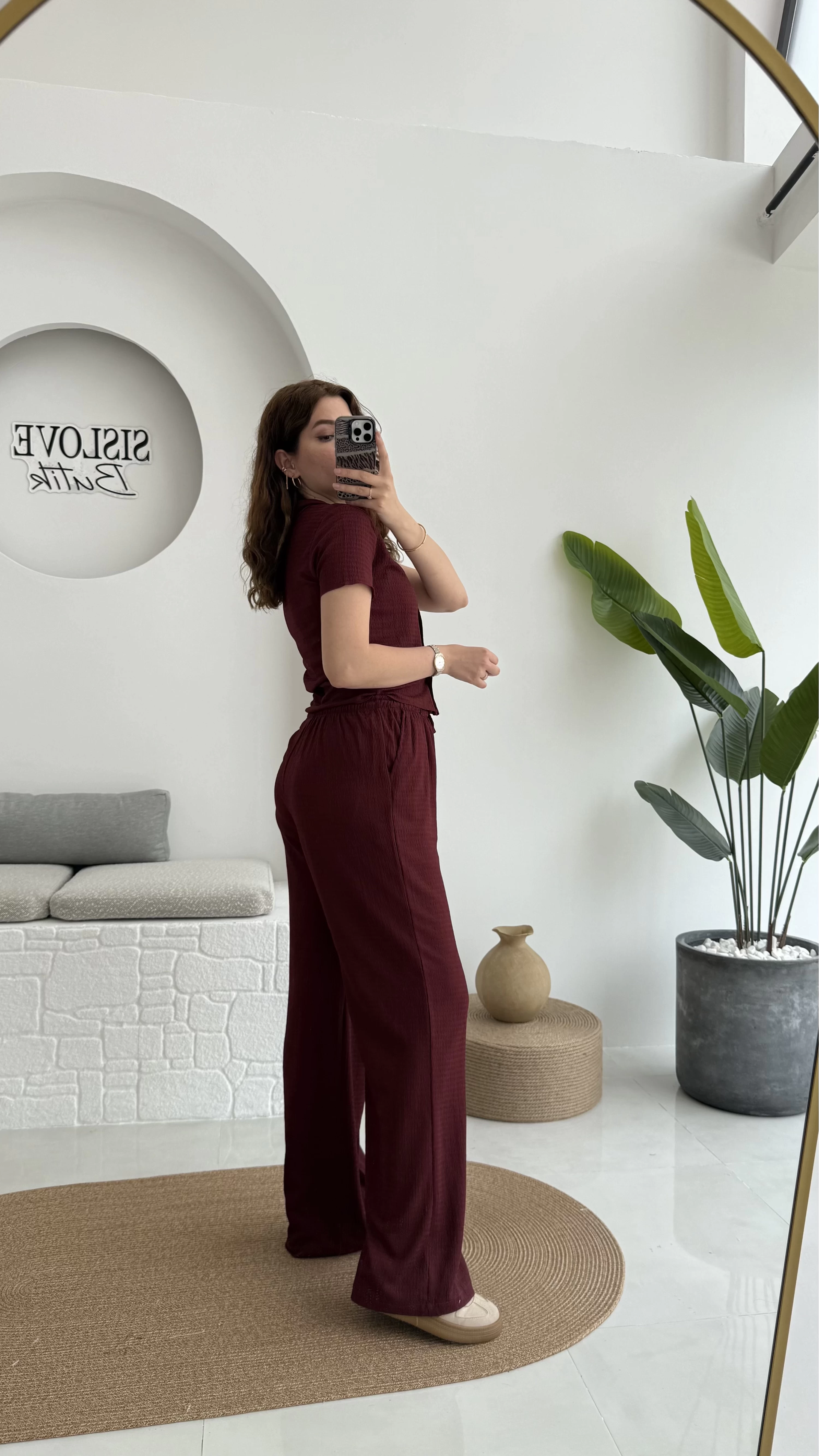 Bürümcük Kumaş Kısa Gömlek Pantolon Takım Bordo - 2096 - 4023