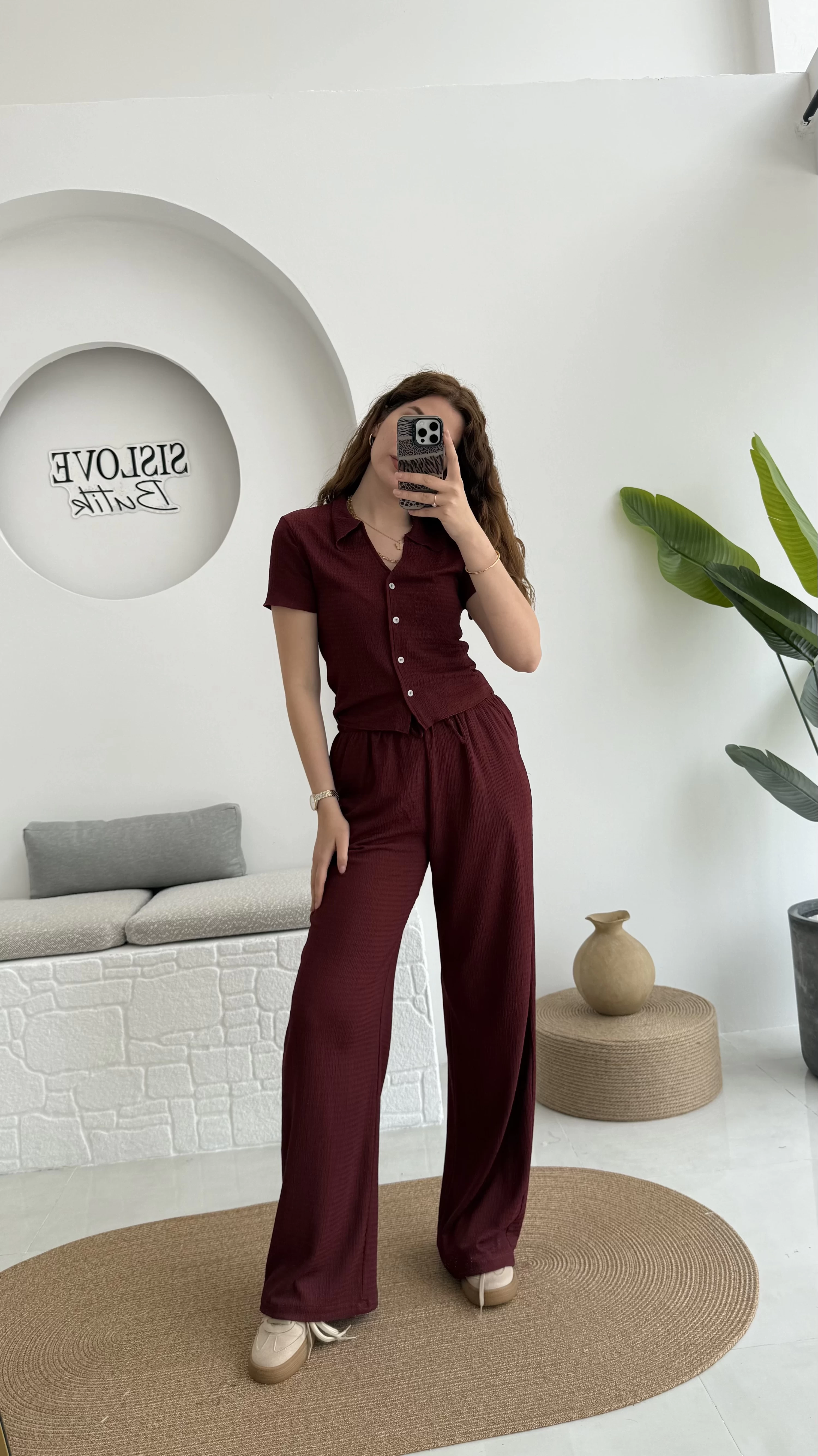 Bürümcük Kumaş Kısa Gömlek Pantolon Takım Bordo - 2096 - 4023