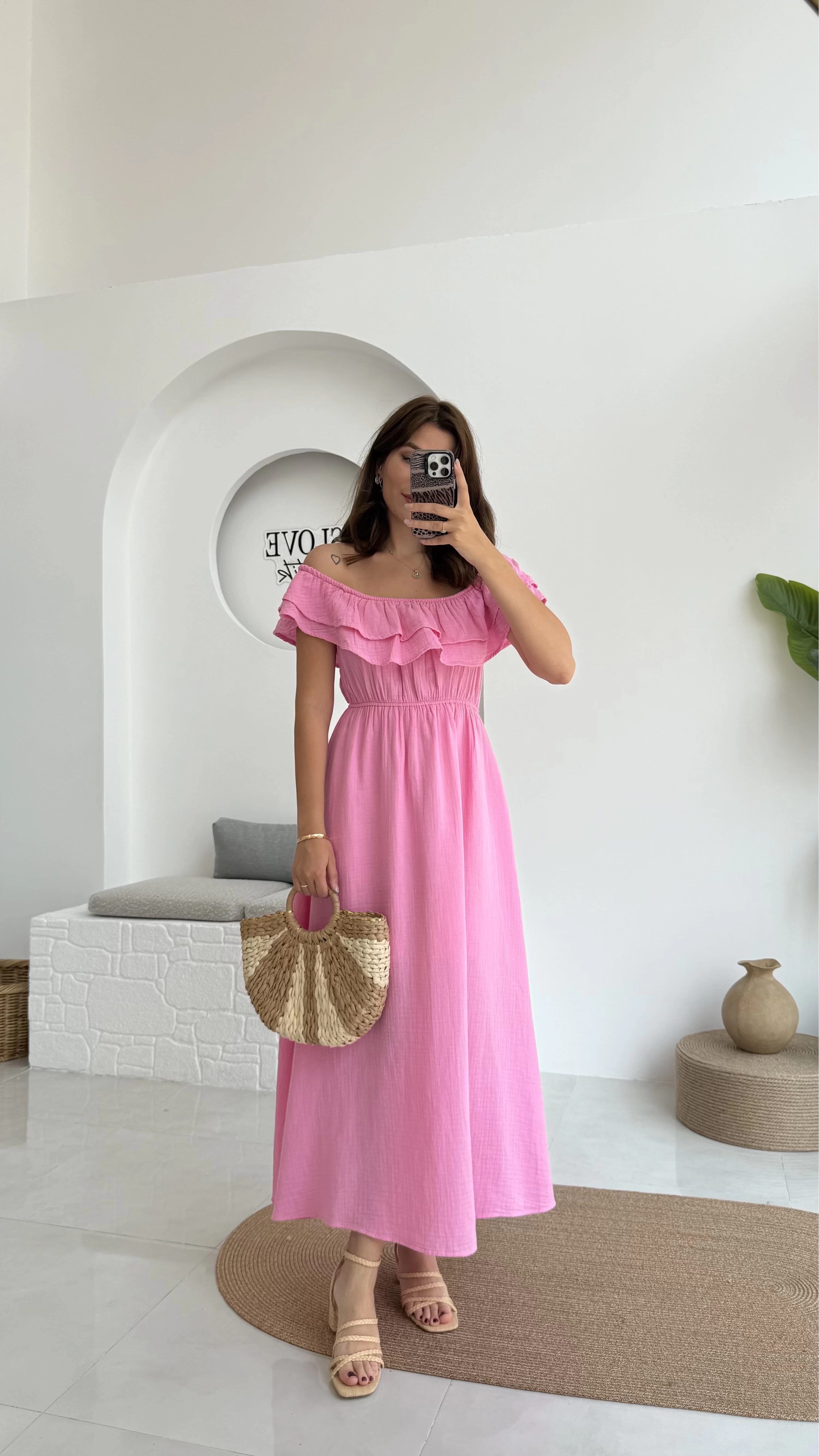 Butterfly Fırfır Detay Müslin Elbise - Pembe