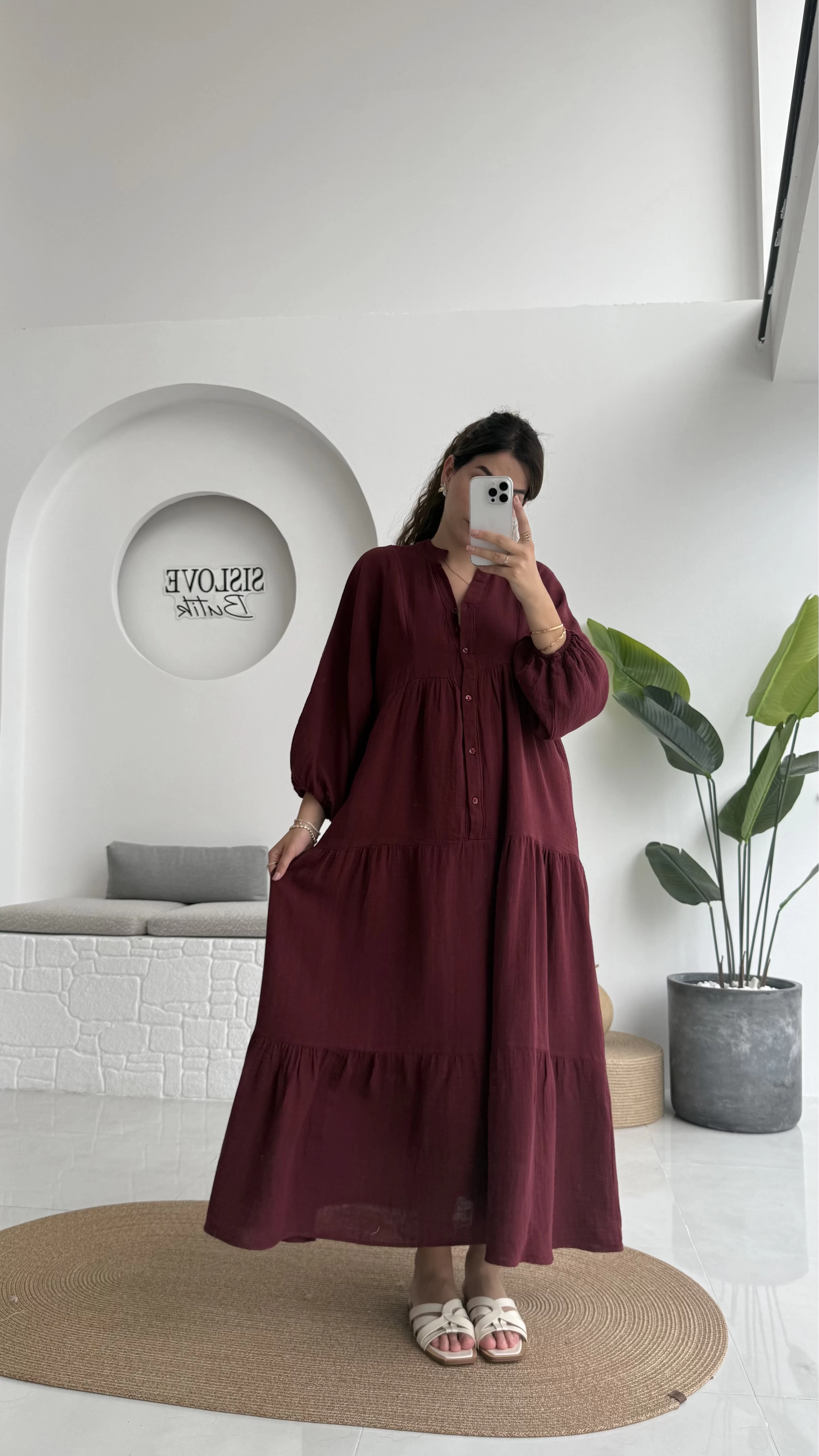 Cande Müslin Uzun Elbise - Bordo - 3007