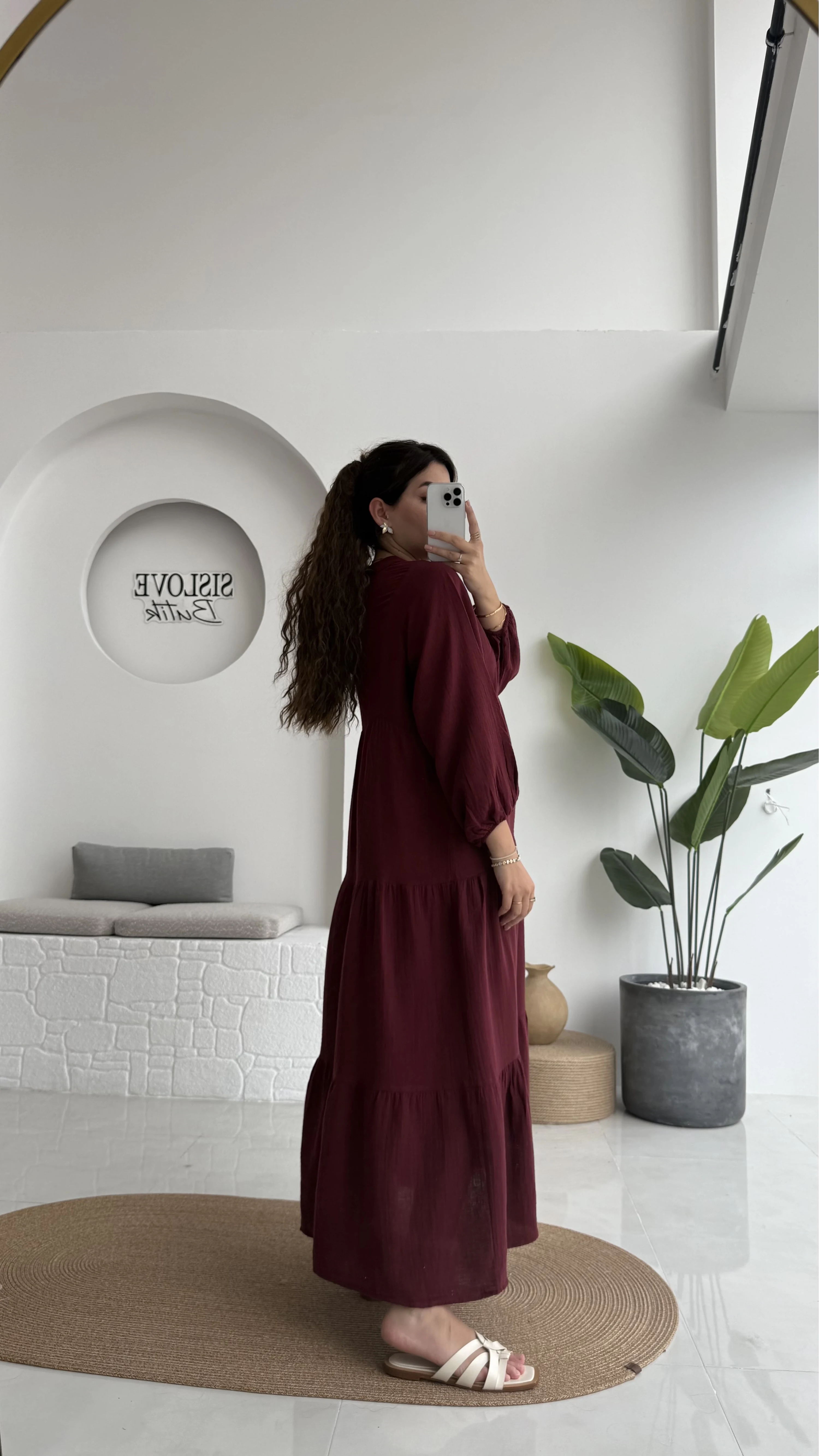 Cande Müslin Uzun Elbise - Bordo - 3007