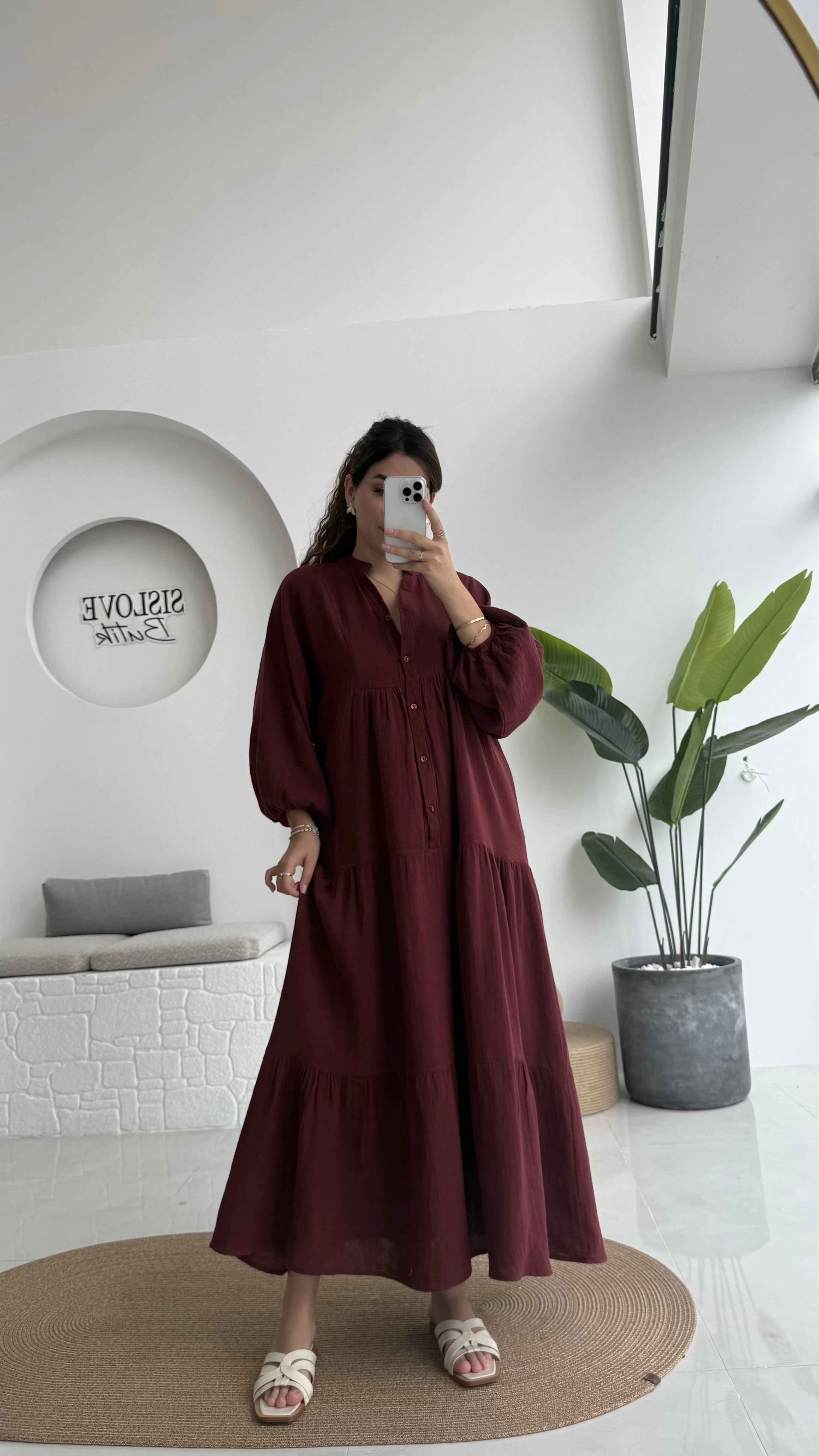 Cande Müslin Uzun Elbise - Bordo - 3007