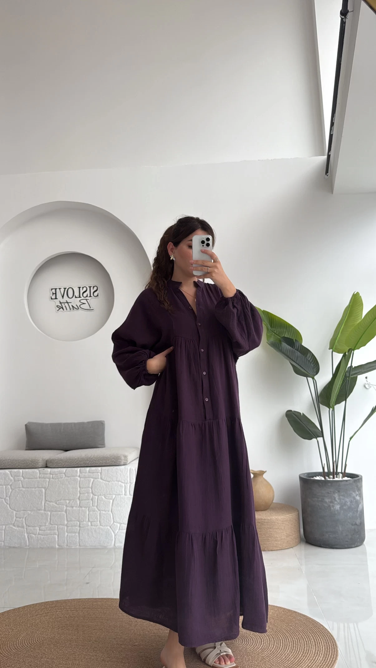 Cande Müslin Uzun Elbise - Mürdüm - 3007