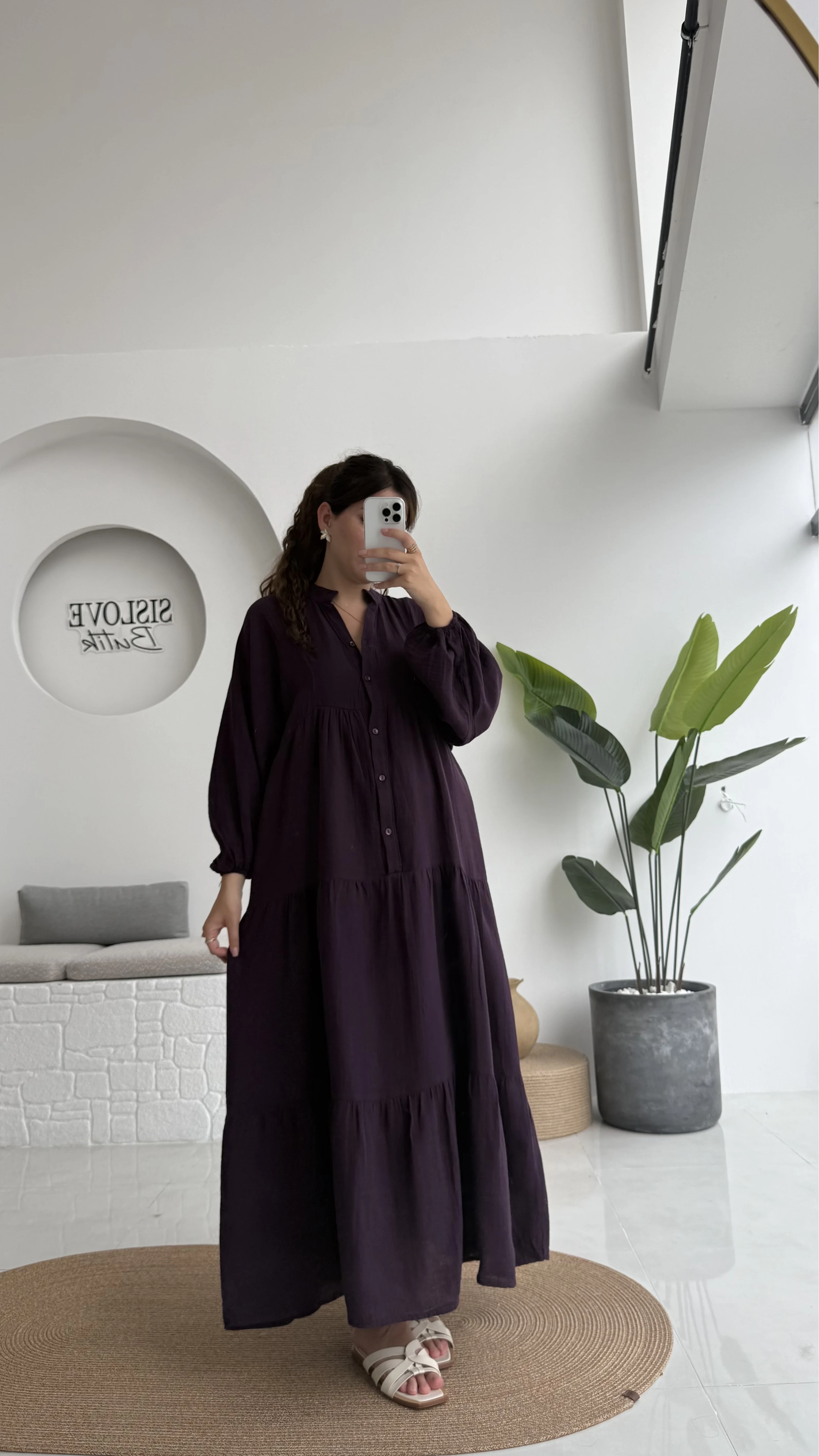 Cande Müslin Uzun Elbise - Mürdüm - 3007