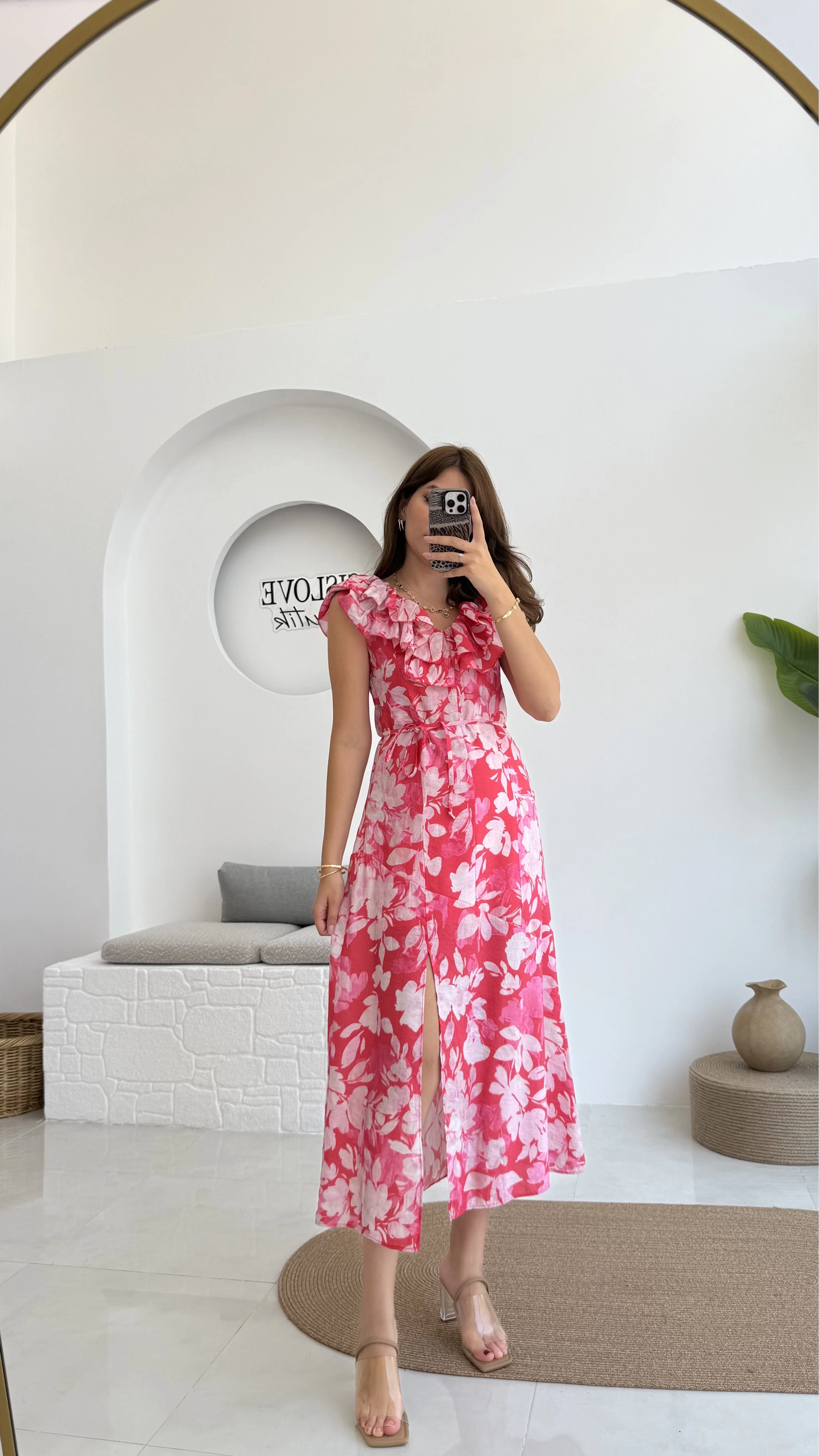Çiçek Desenli Elbise - 3064 - Pembe