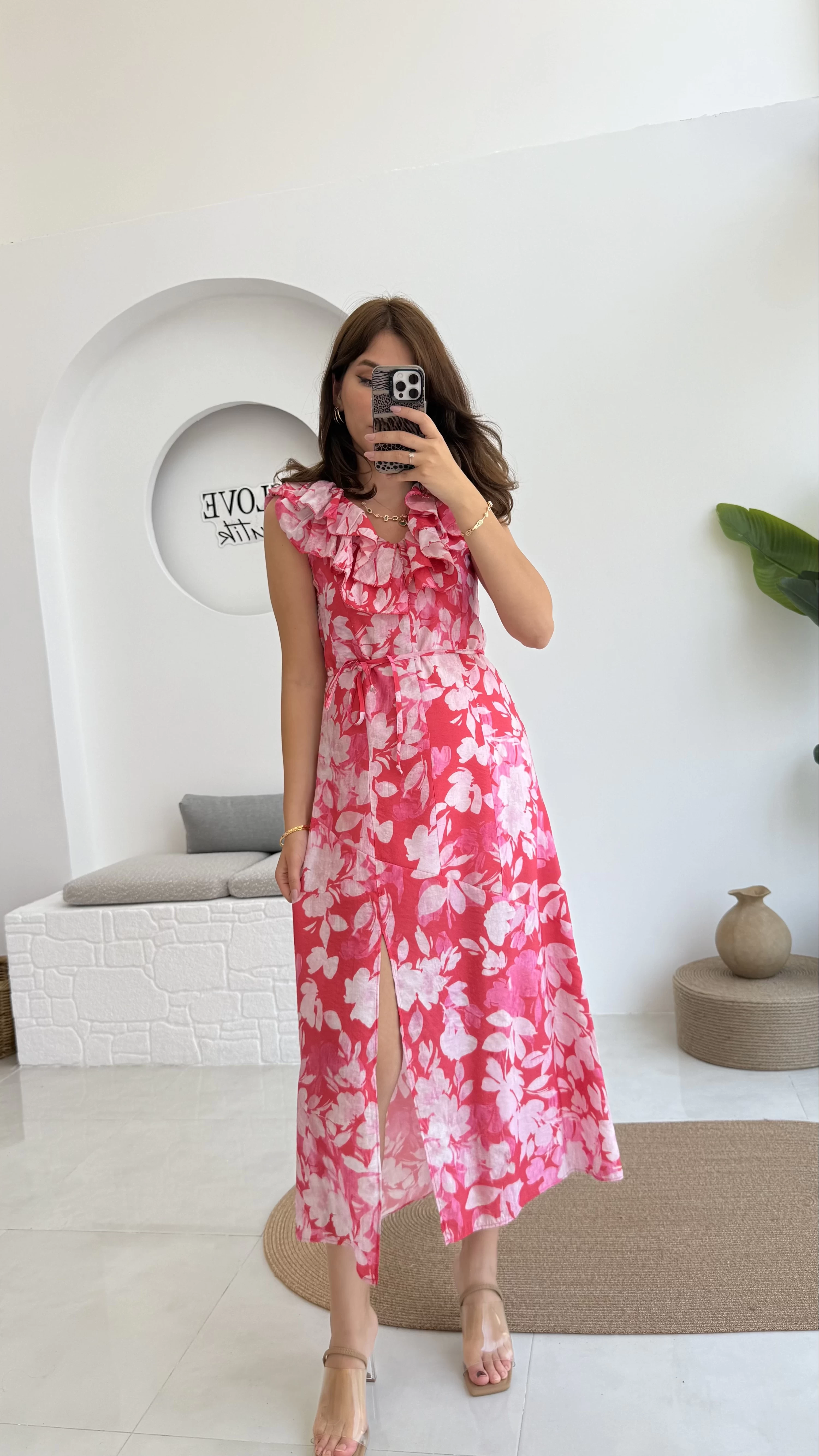 Çiçek Desenli Elbise - 3064 - Pembe