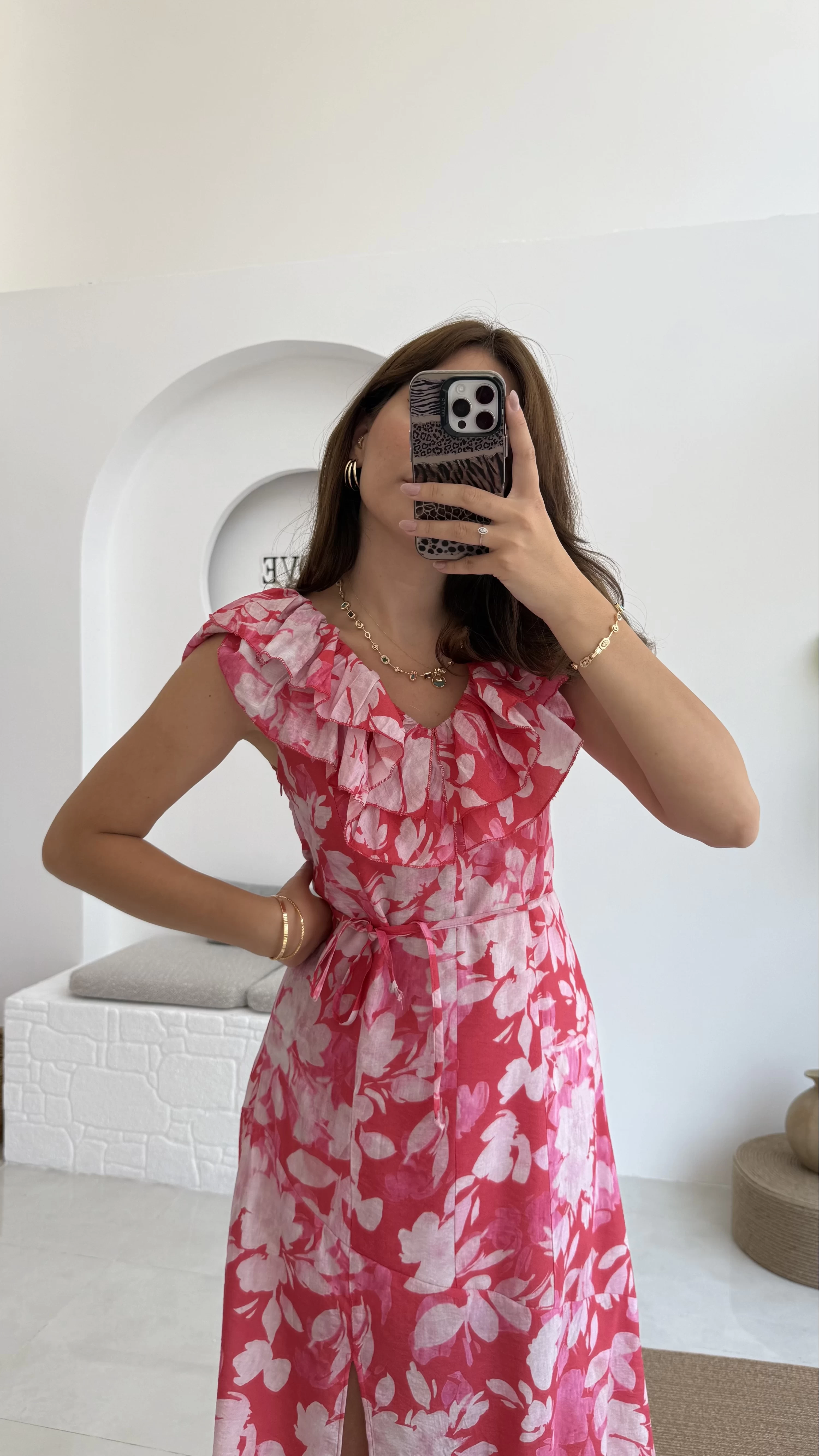 Çiçek Desenli Elbise - 3064 - Pembe