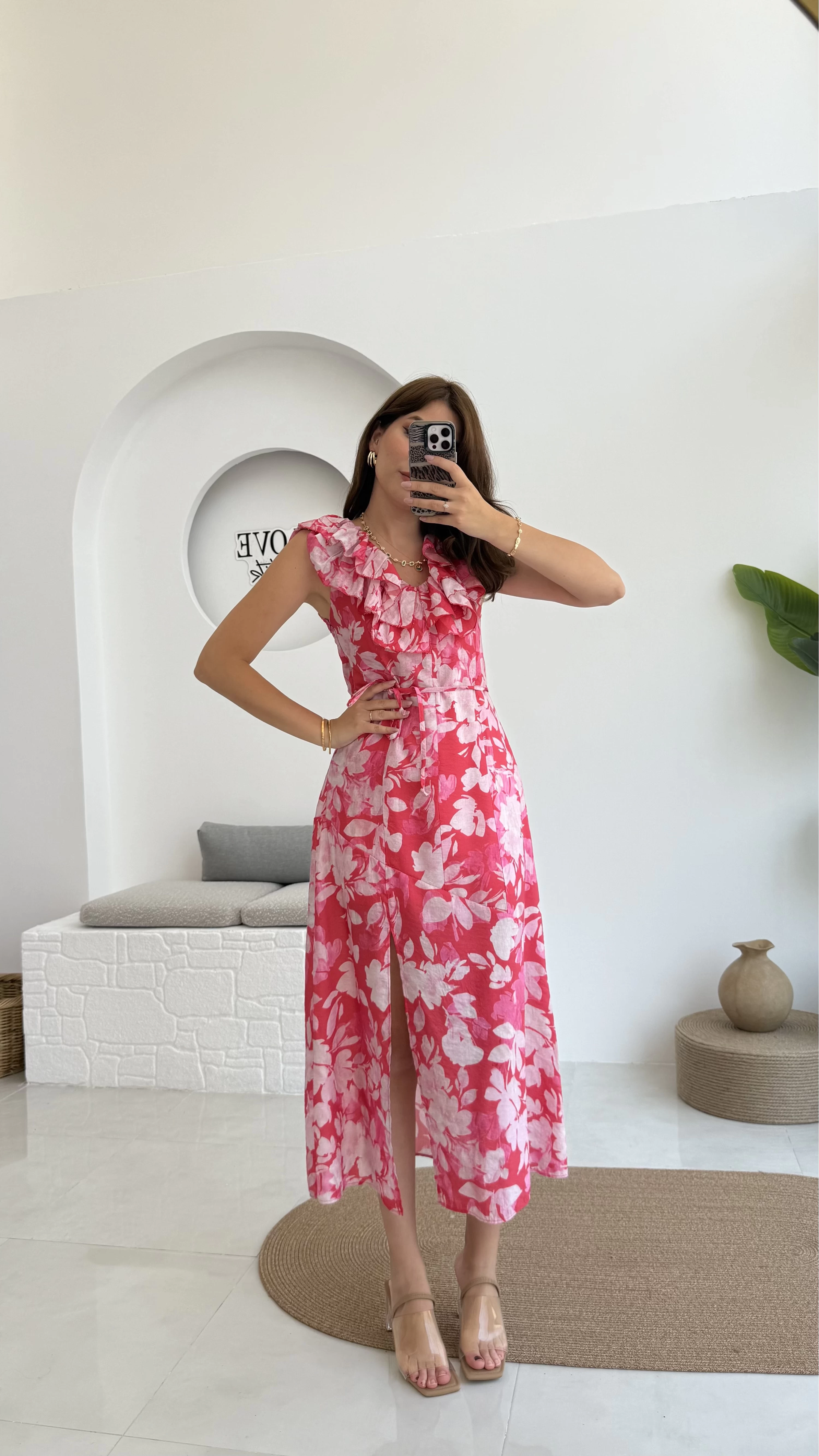 Çiçek Desenli Elbise - 3064 - Pembe