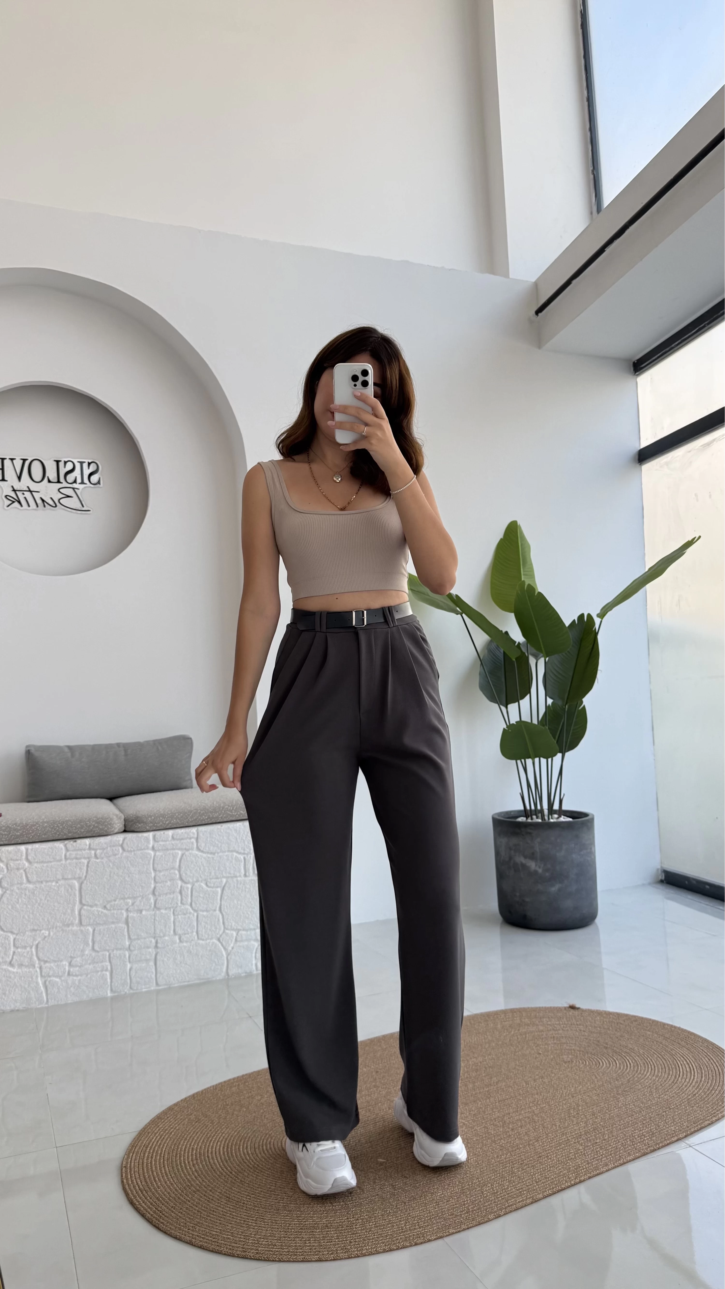 Çift Pile Detay Kemerli Örme Pantolon - Antrasit