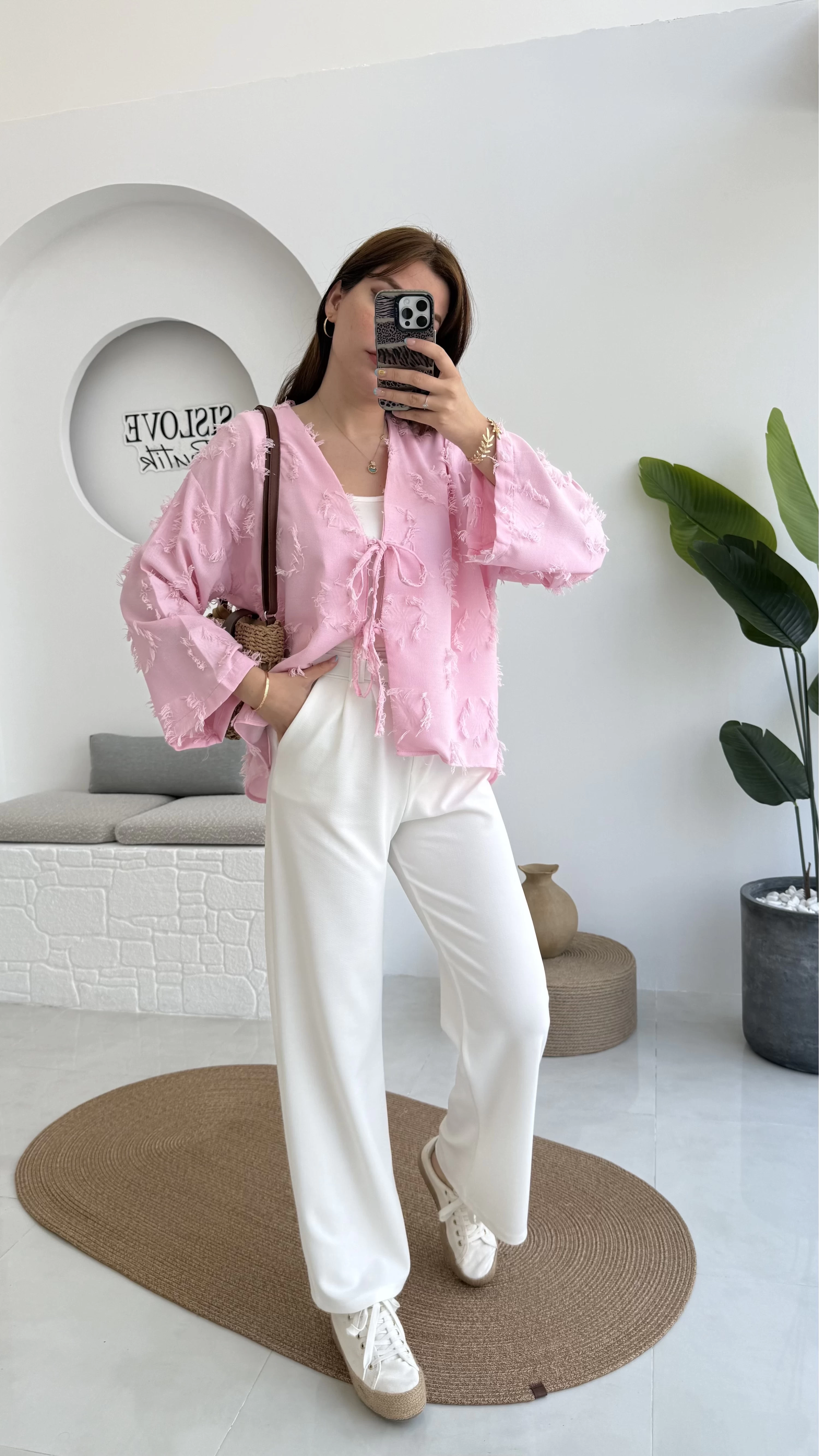 Çift Pile Detay Kemerli Örme Pantolon - Beyaz