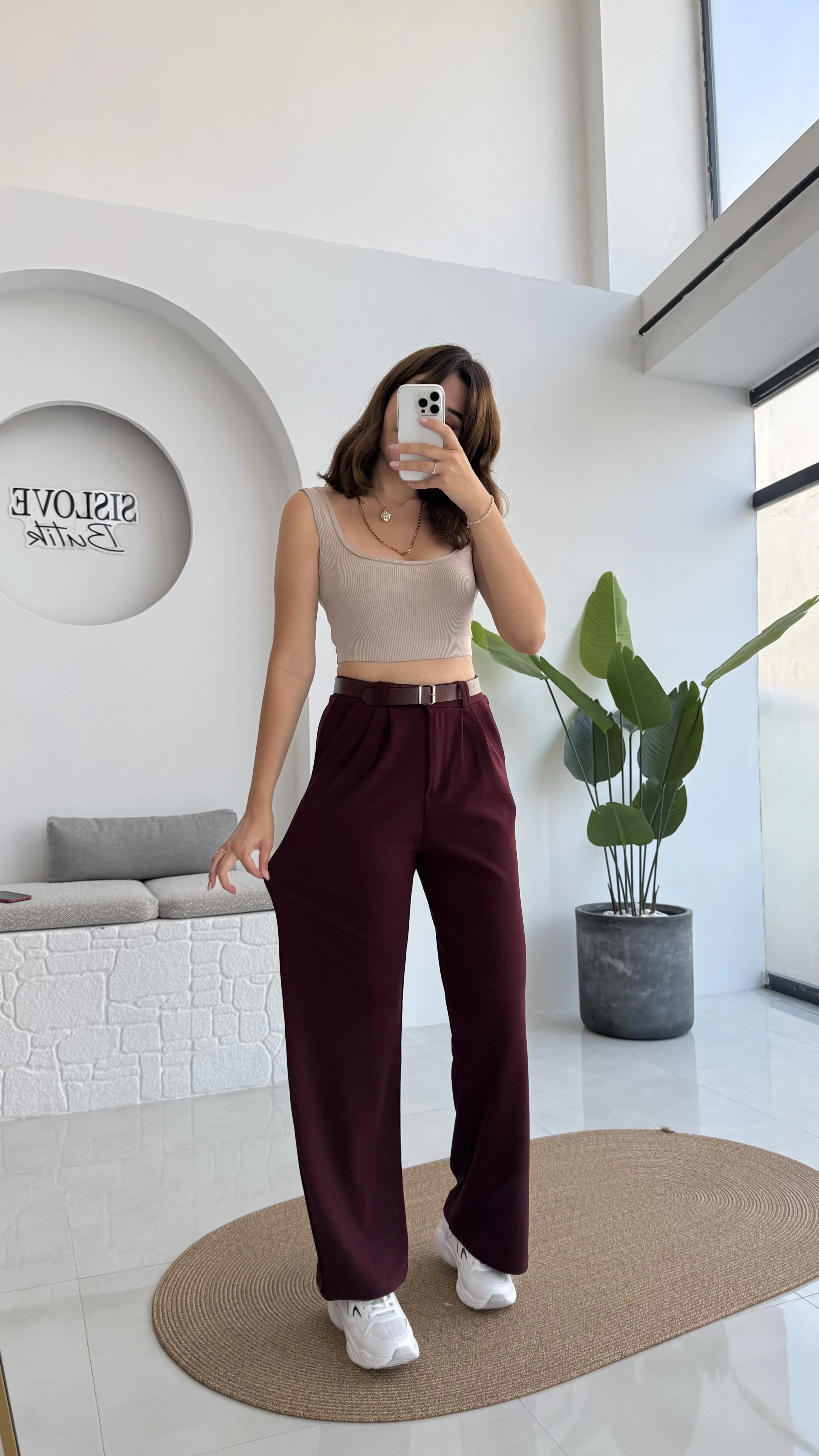 Çift Pile Detay Kemerli Örme Pantolon - Bordo