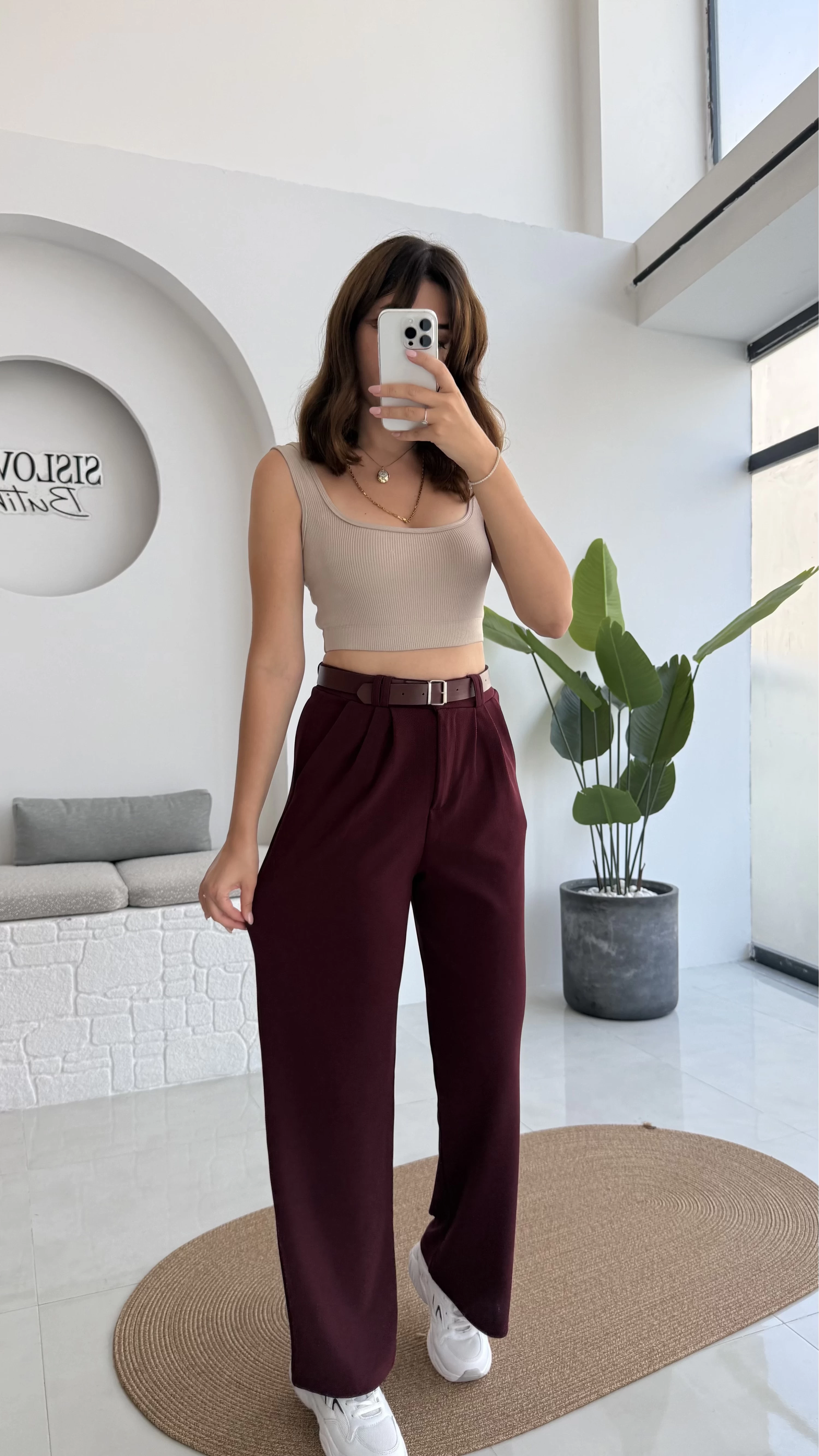 Çift Pile Detay Kemerli Örme Pantolon - Bordo