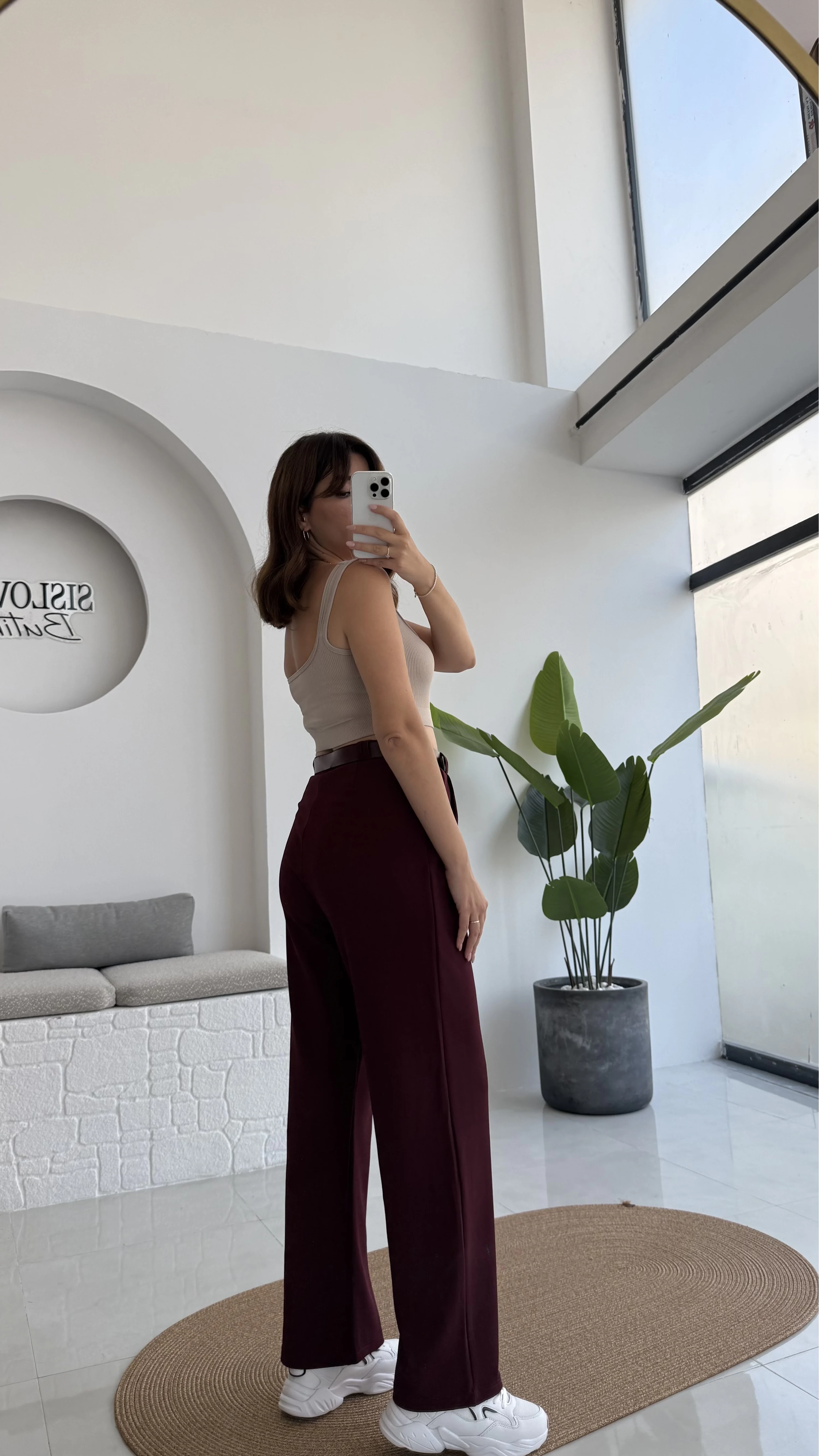Çift Pile Detay Kemerli Örme Pantolon - Bordo