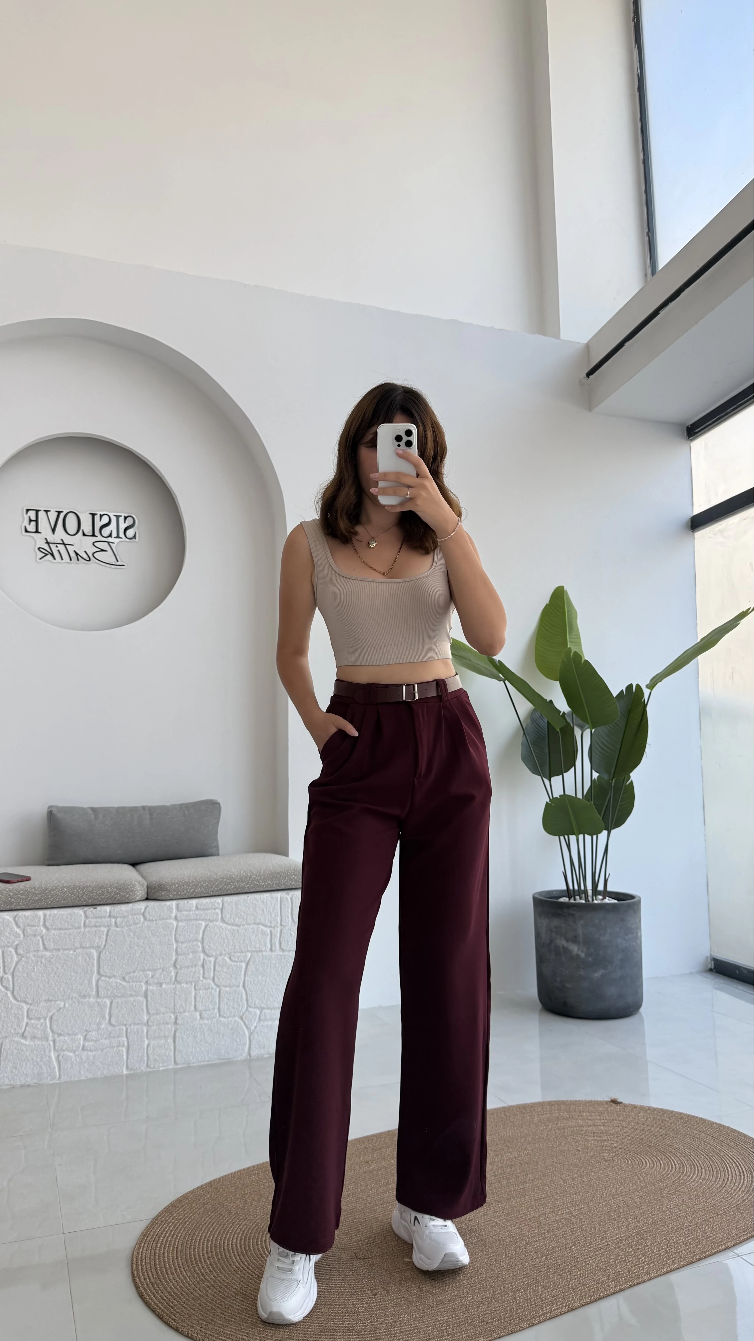 Çift Pile Detay Kemerli Örme Pantolon - Bordo