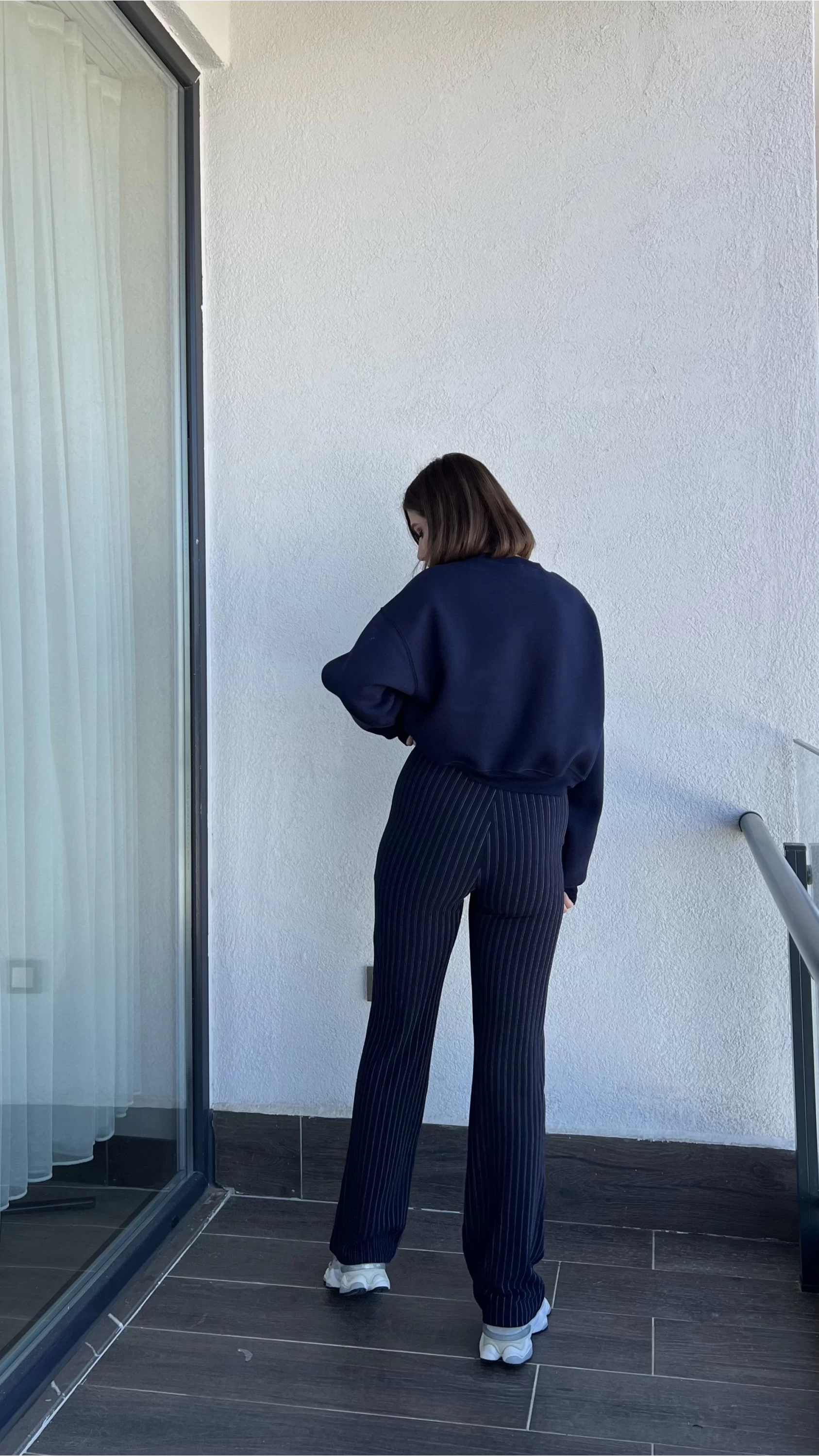 Çizgili Lacivert Likralı İspanyol Pantolon