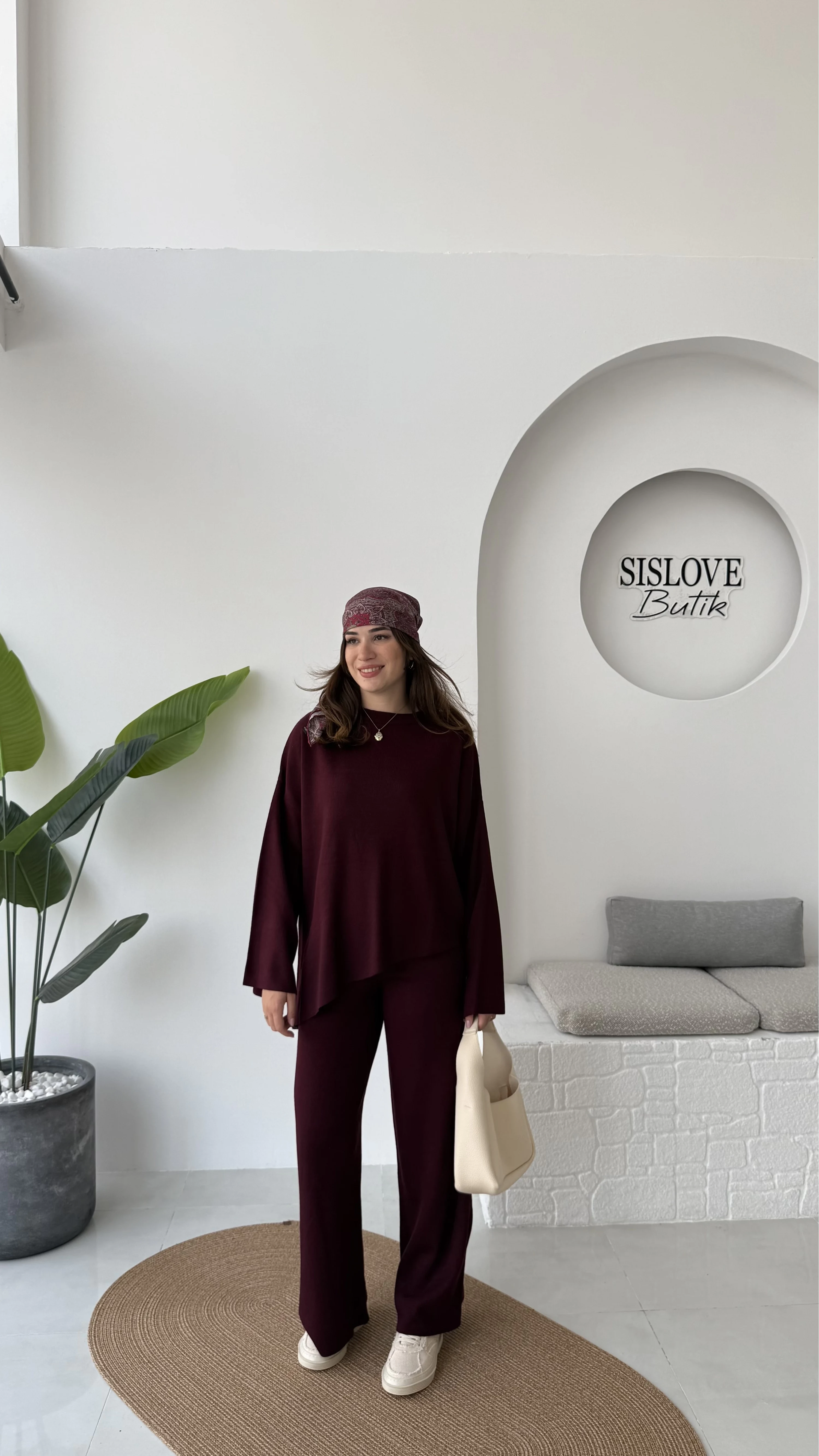 Cleo Asimetrik Kesim Triko Takım - Bordo - Kod: 04586