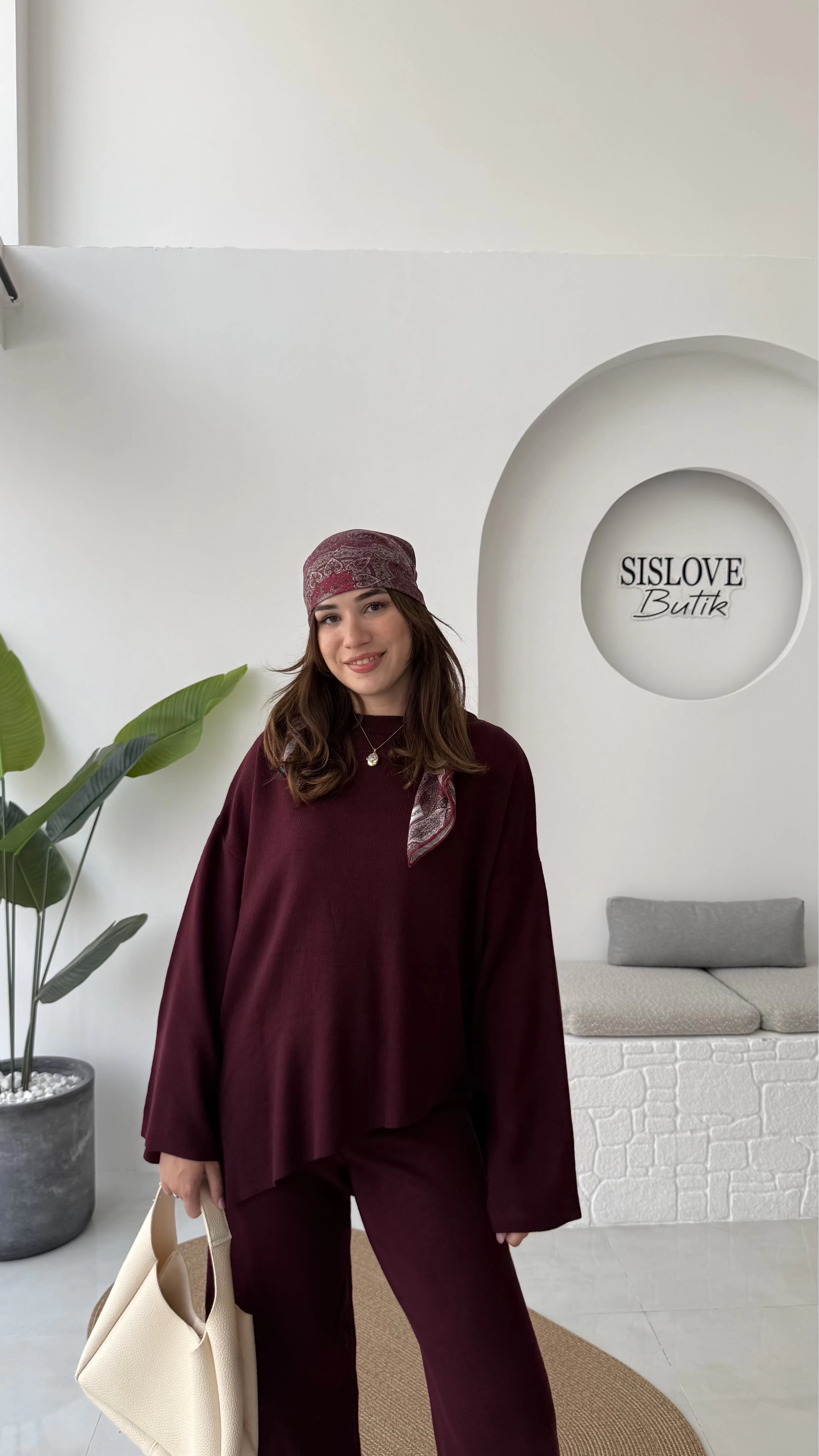 Cleo Asimetrik Kesim Triko Takım - Bordo - Kod: 04586