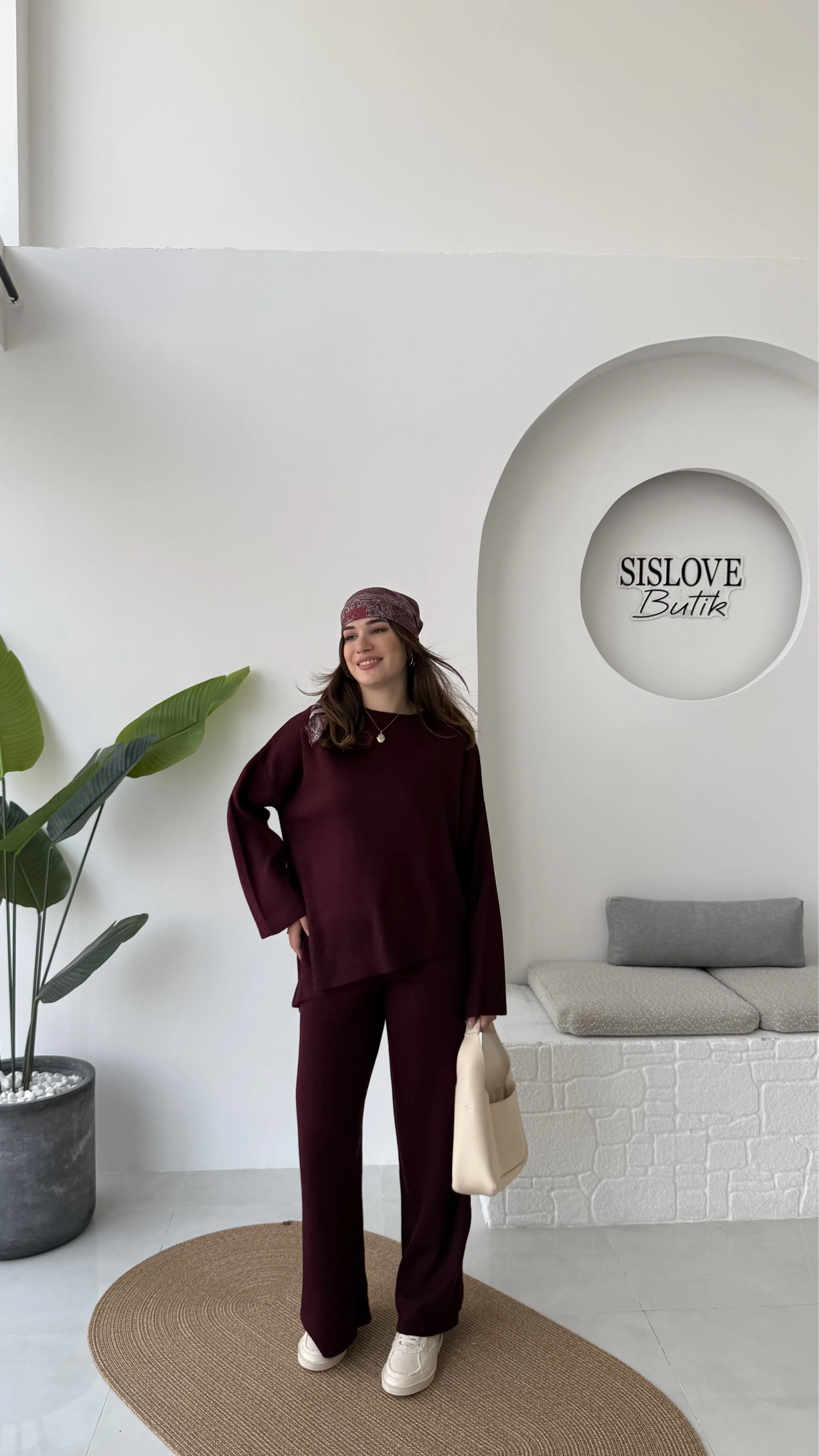 Cleo Asimetrik Kesim Triko Takım - Bordo - Kod: 04586
