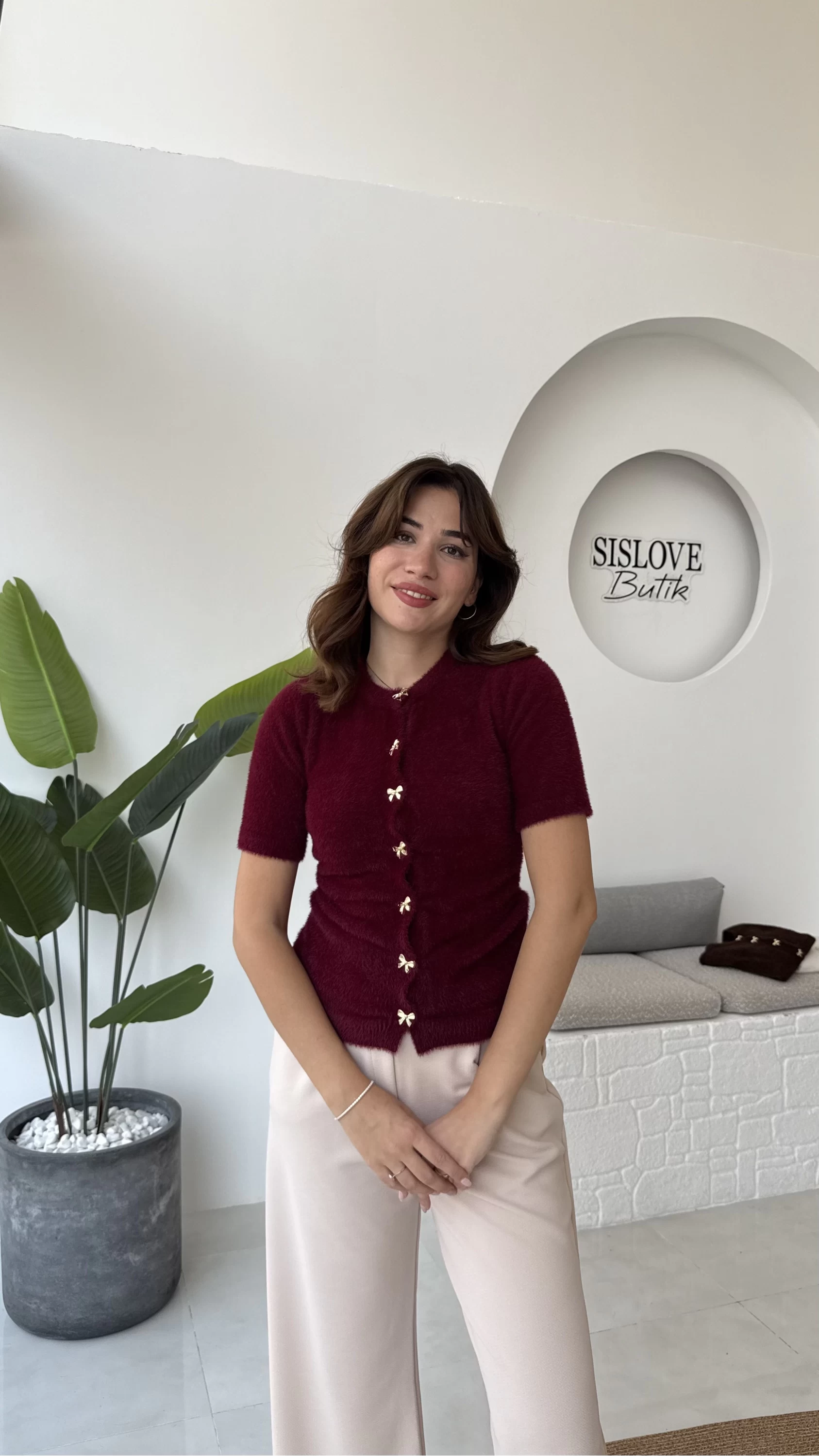 Coquette Kurdele Düğmeli Hırka - Bordo - 25033