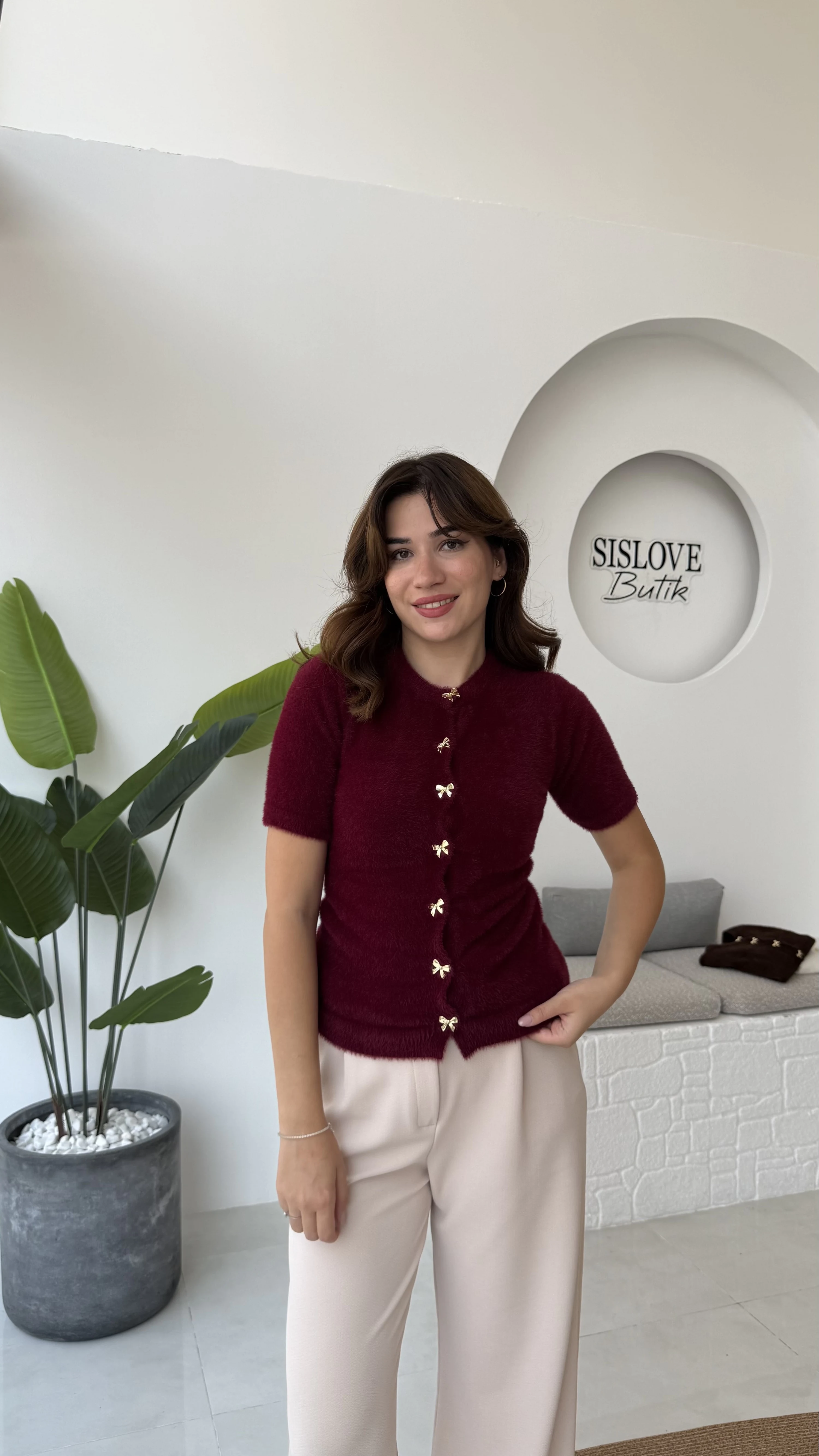 Coquette Kurdele Düğmeli Hırka - Bordo - 25033