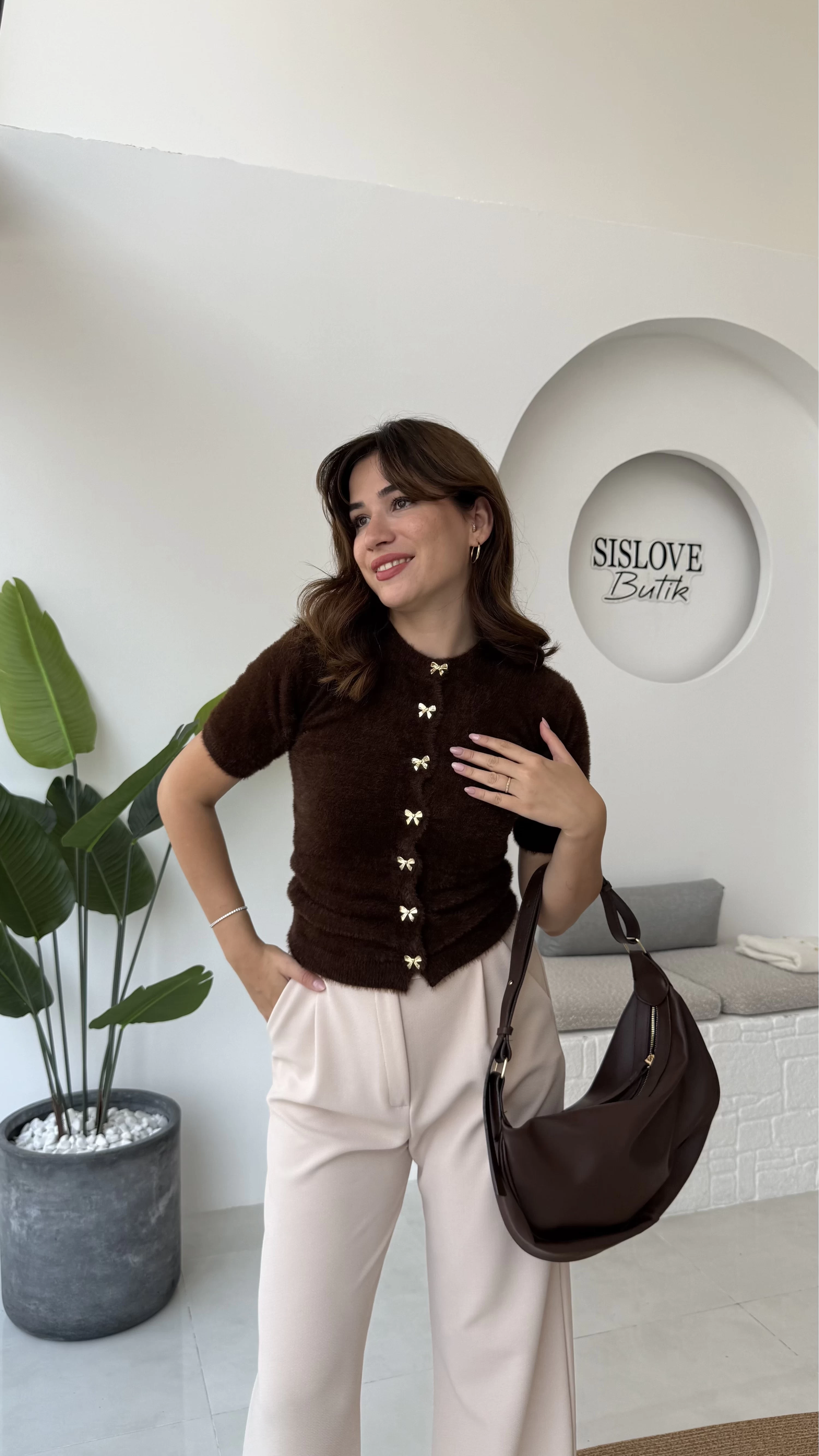 Coquette Kurdele Düğmeli Hırka - Kahverengi - 25033