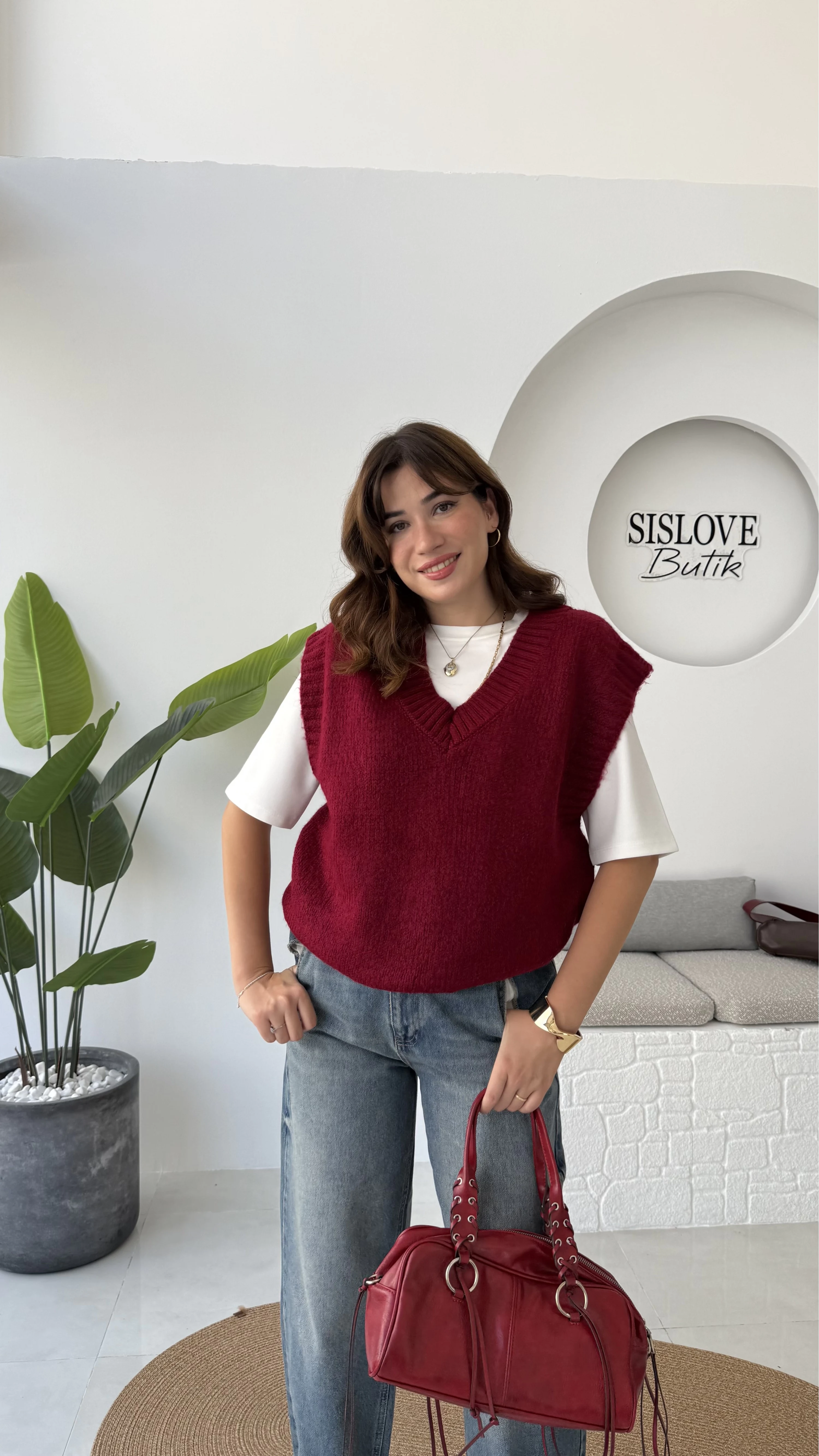 Daisy V Yaka Süveter - Bordo - Kod: 04583