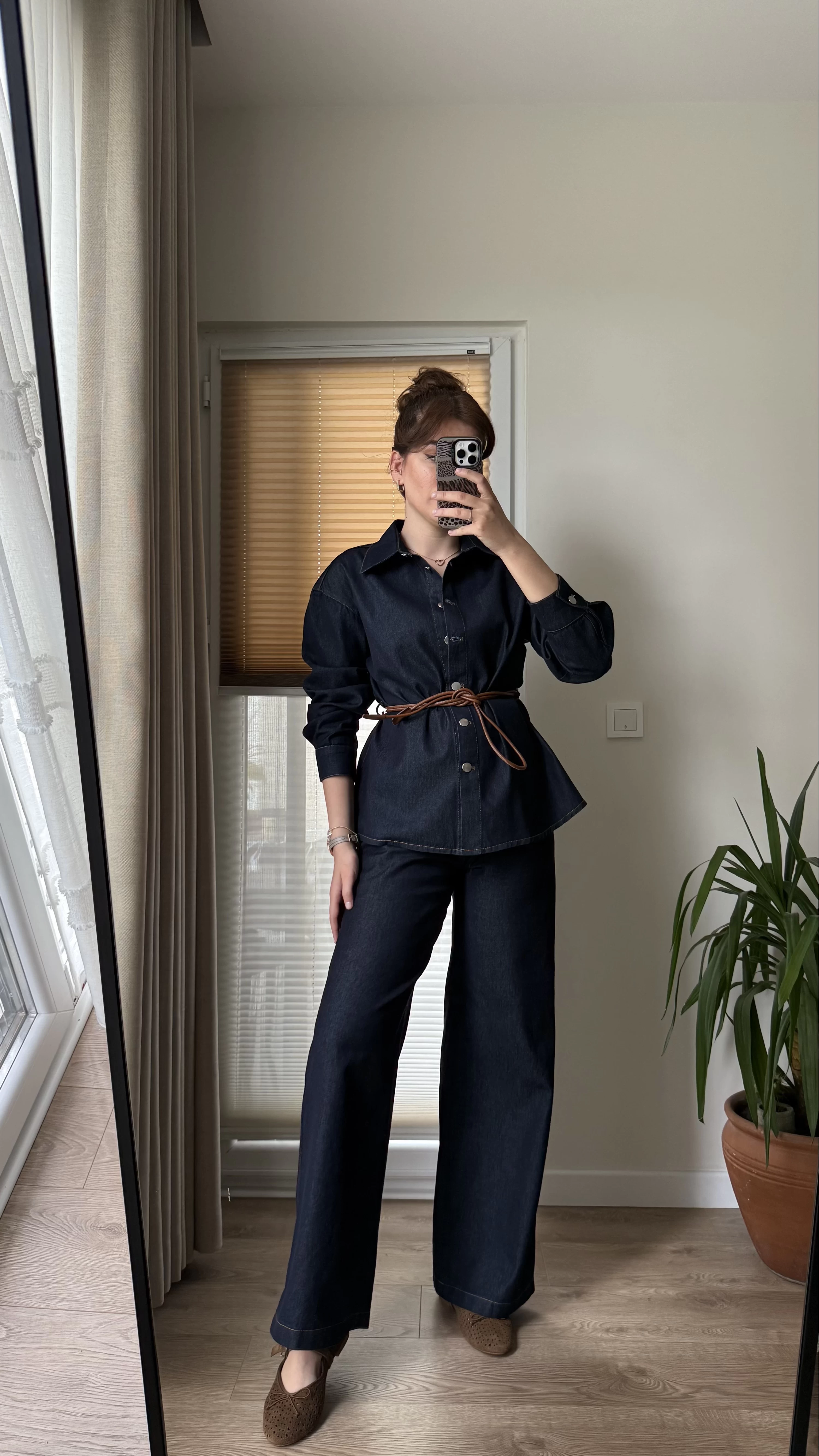 Denim Deri Kuşaklı Takım