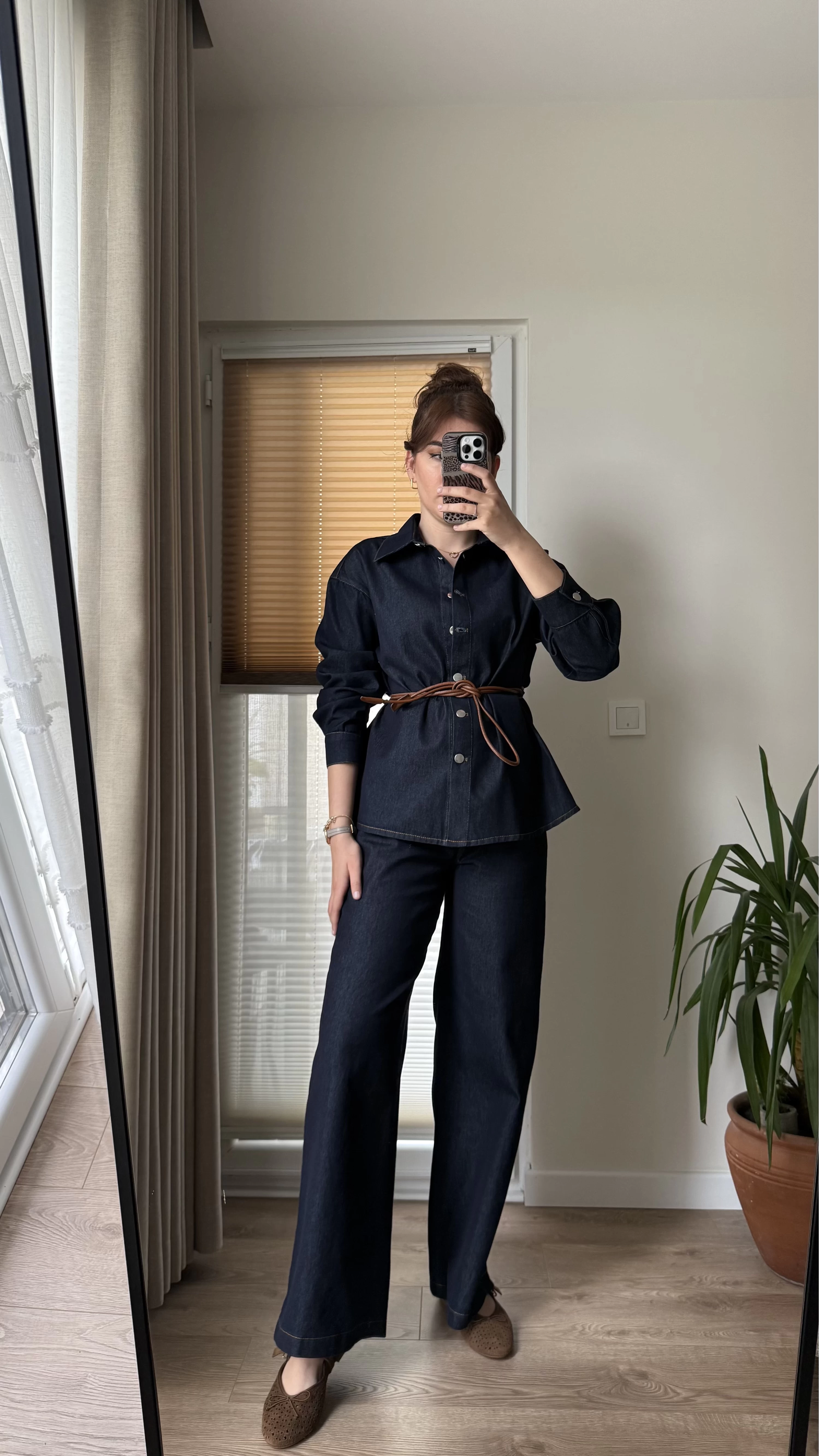 Denim Deri Kuşaklı Takım