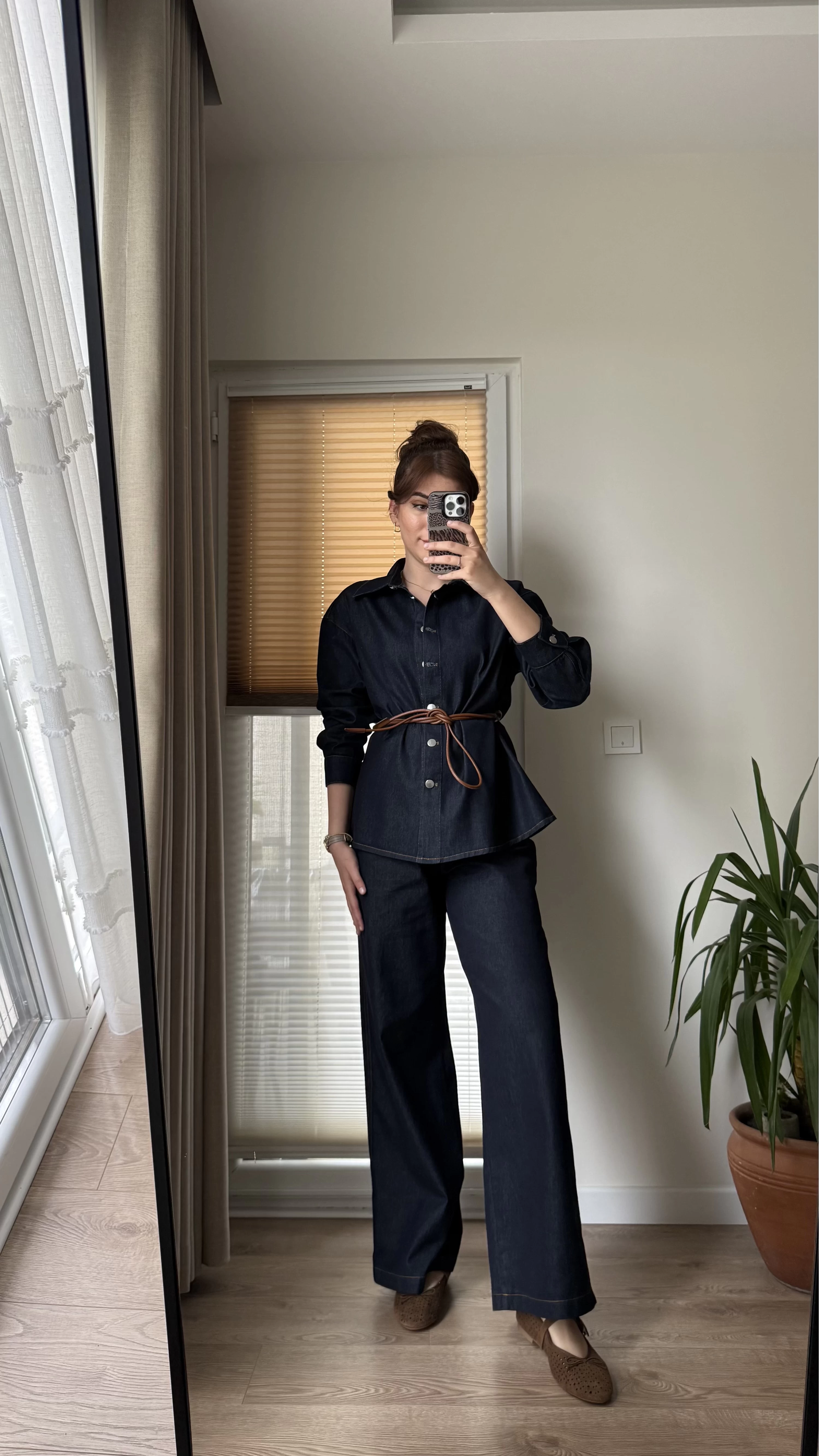 Denim Deri Kuşaklı Takım