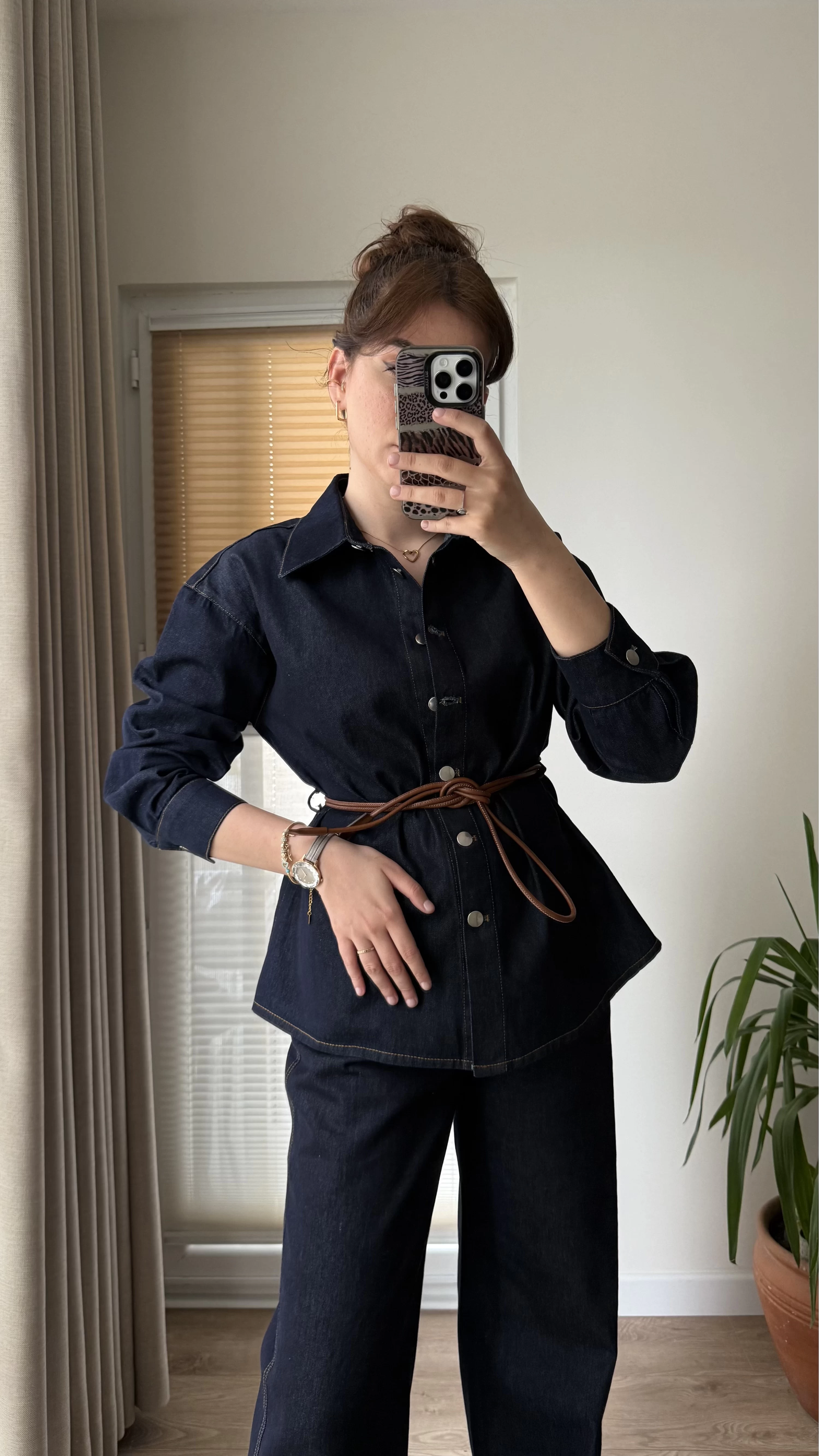 Denim Deri Kuşaklı Takım