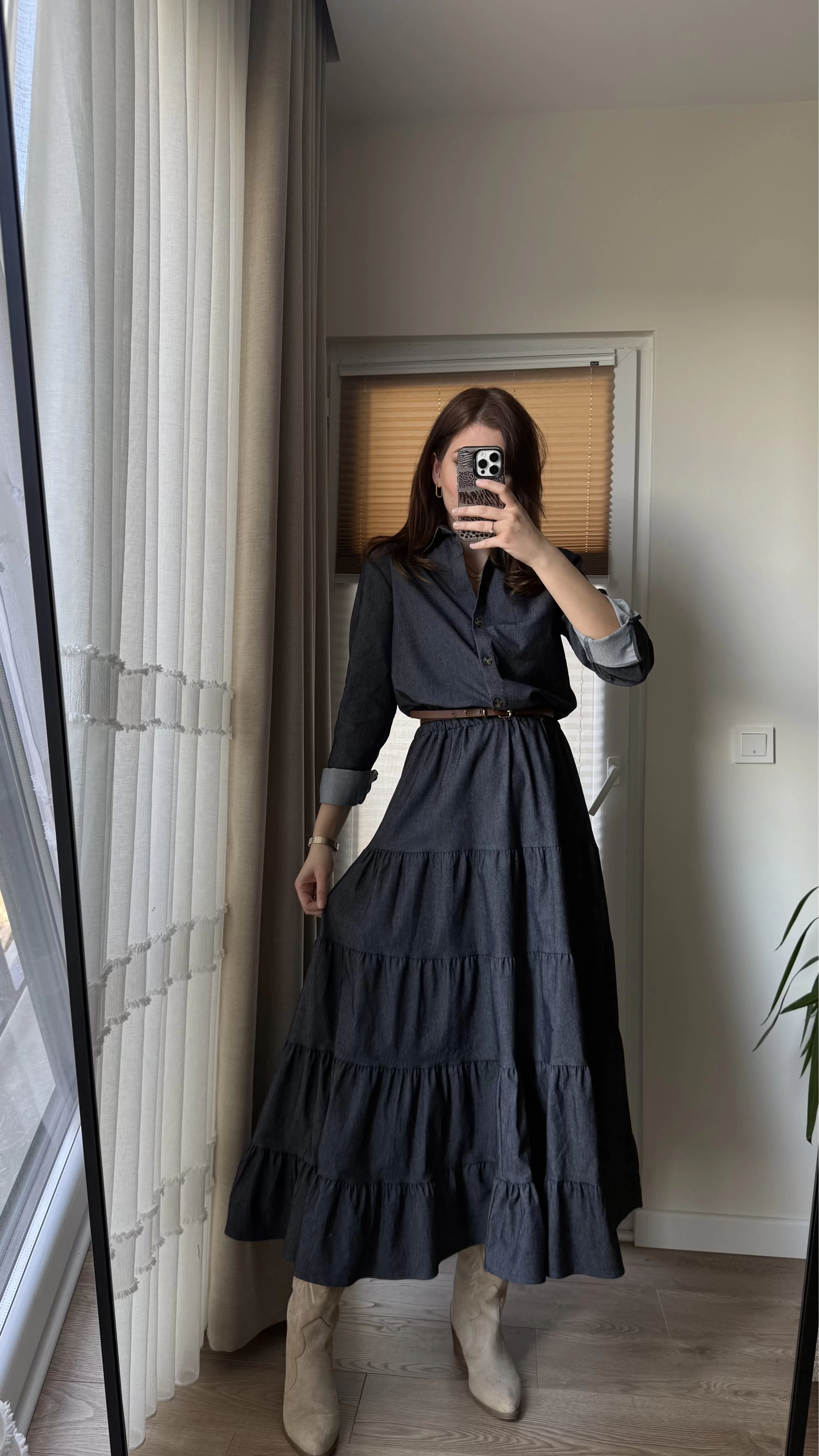 Denim Görünümlü Belden Lastikli Elbise