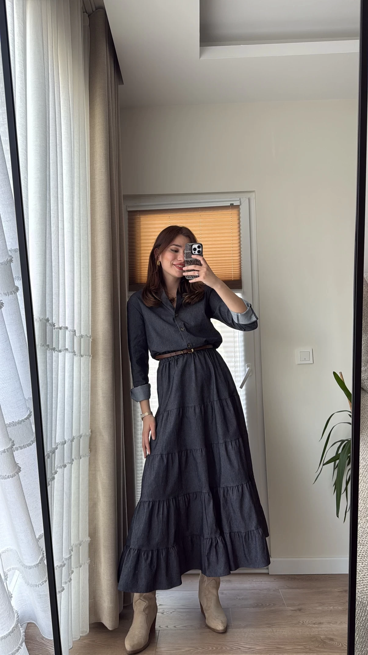 Denim Görünümlü Belden Lastikli Elbise
