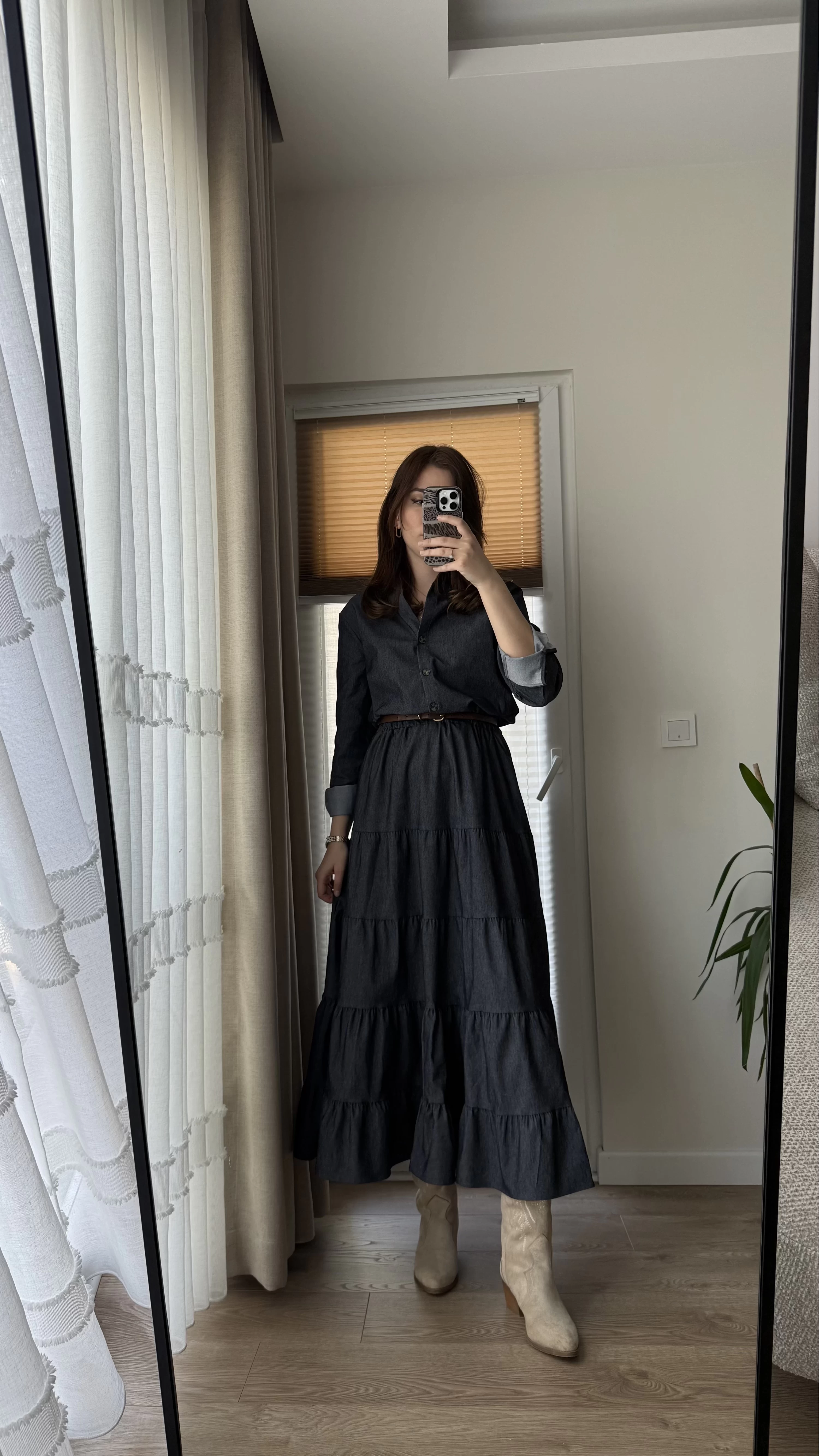 Denim Görünümlü Belden Lastikli Elbise