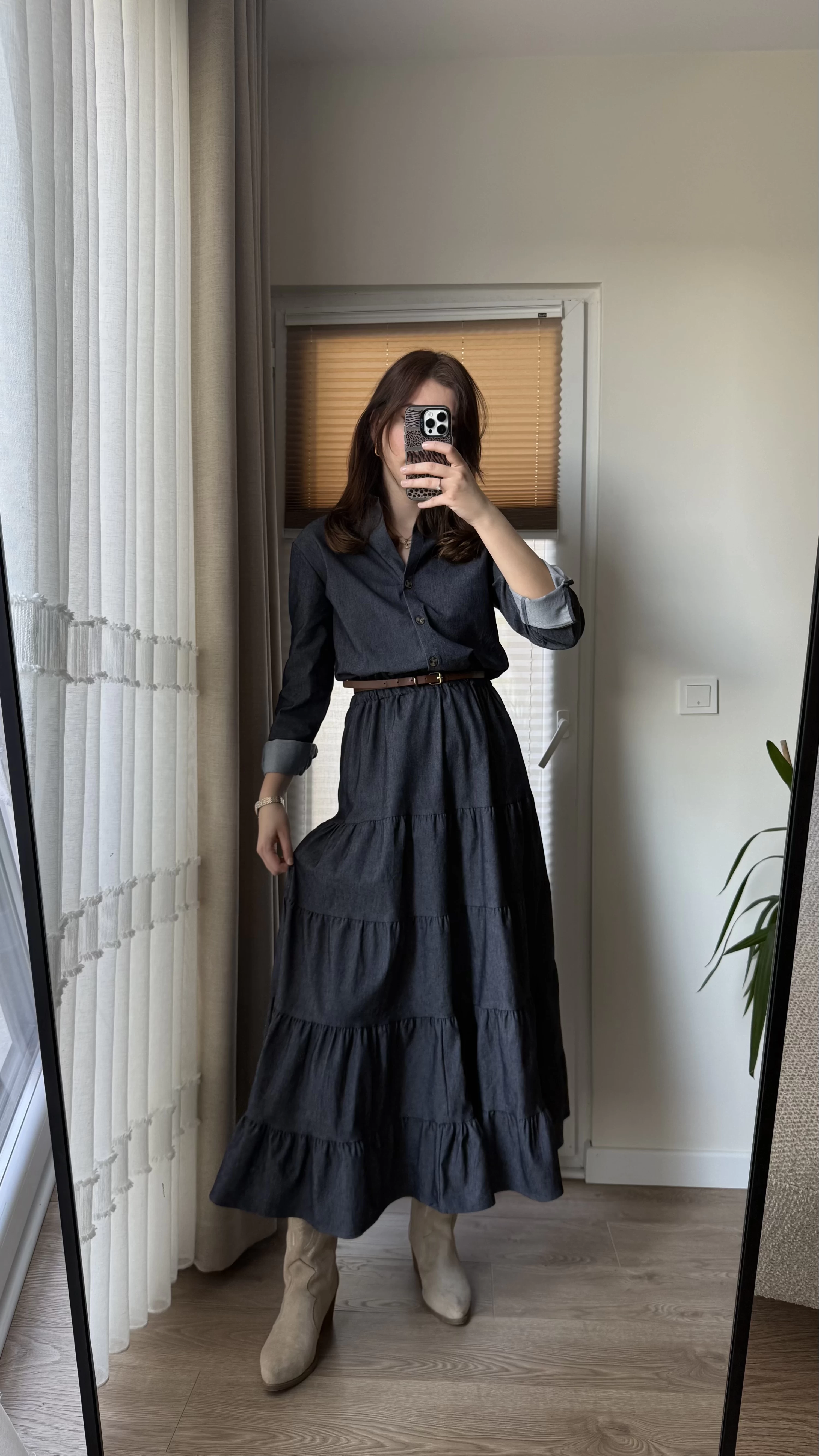 Denim Görünümlü Belden Lastikli Elbise