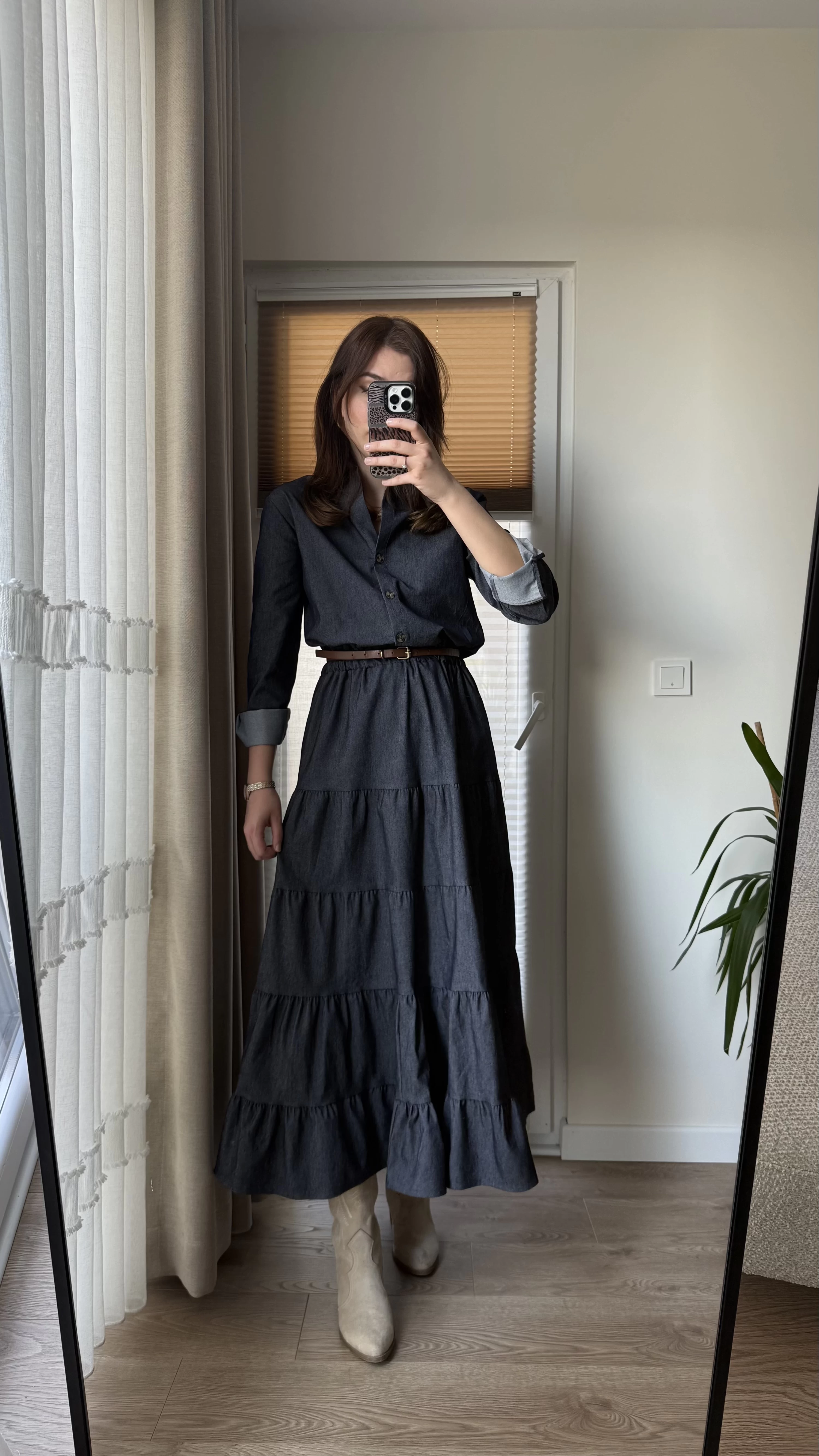 Denim Görünümlü Belden Lastikli Elbise