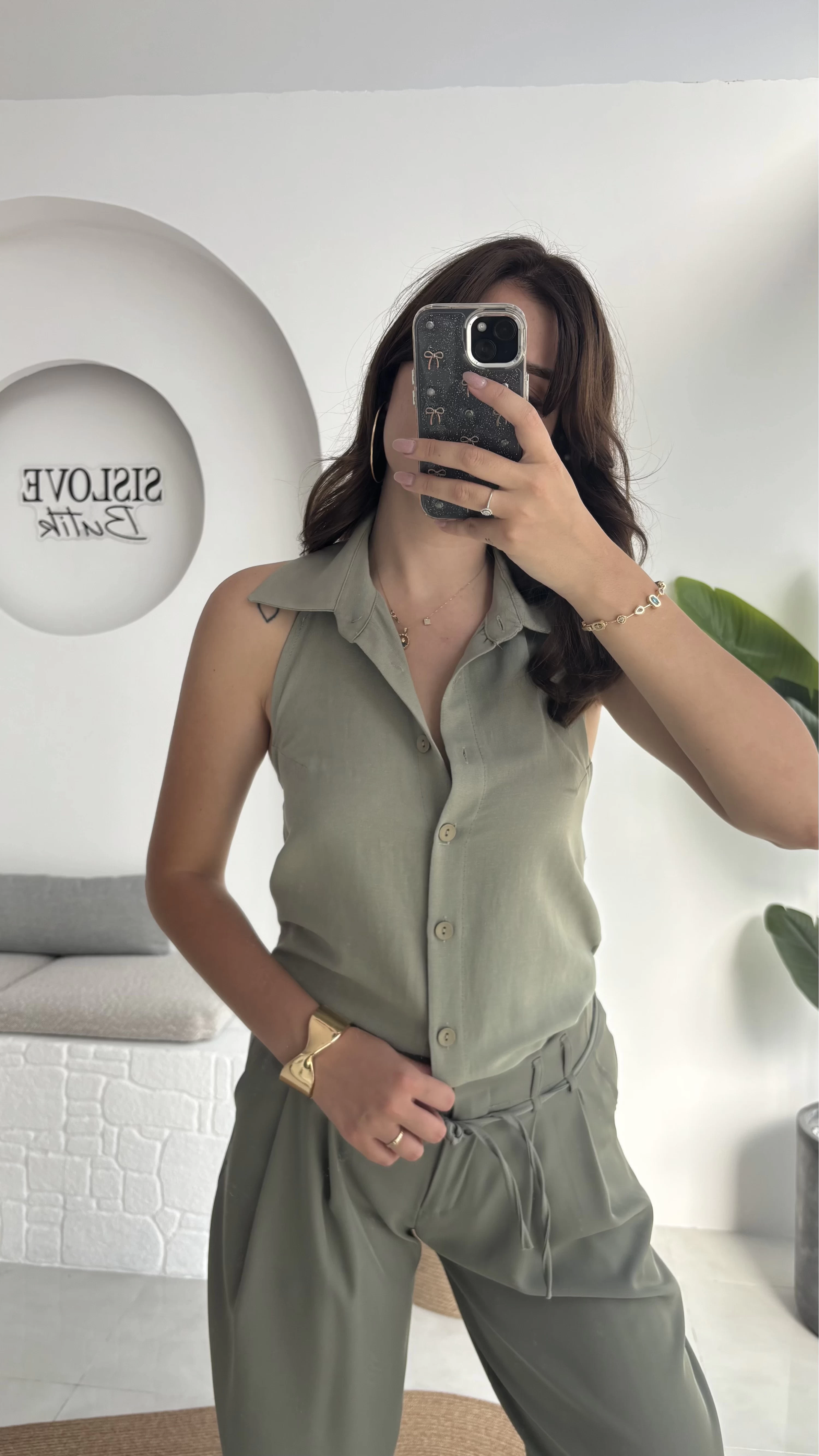 Derpy Sıfır Kol Boyundan Geçmeli Bluz - Yeşil - 5354