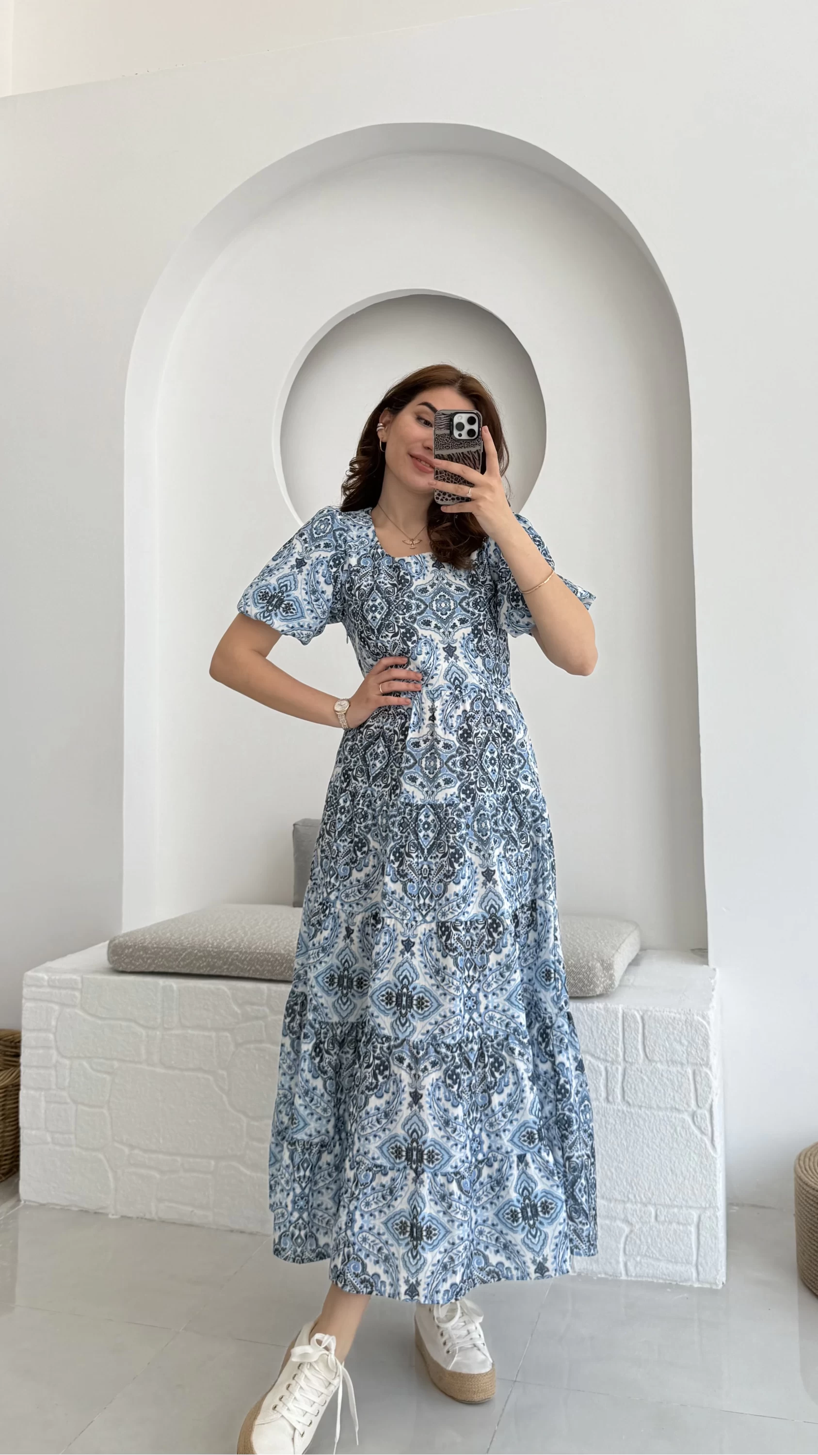 Desenli Elbise Mavi - 3033