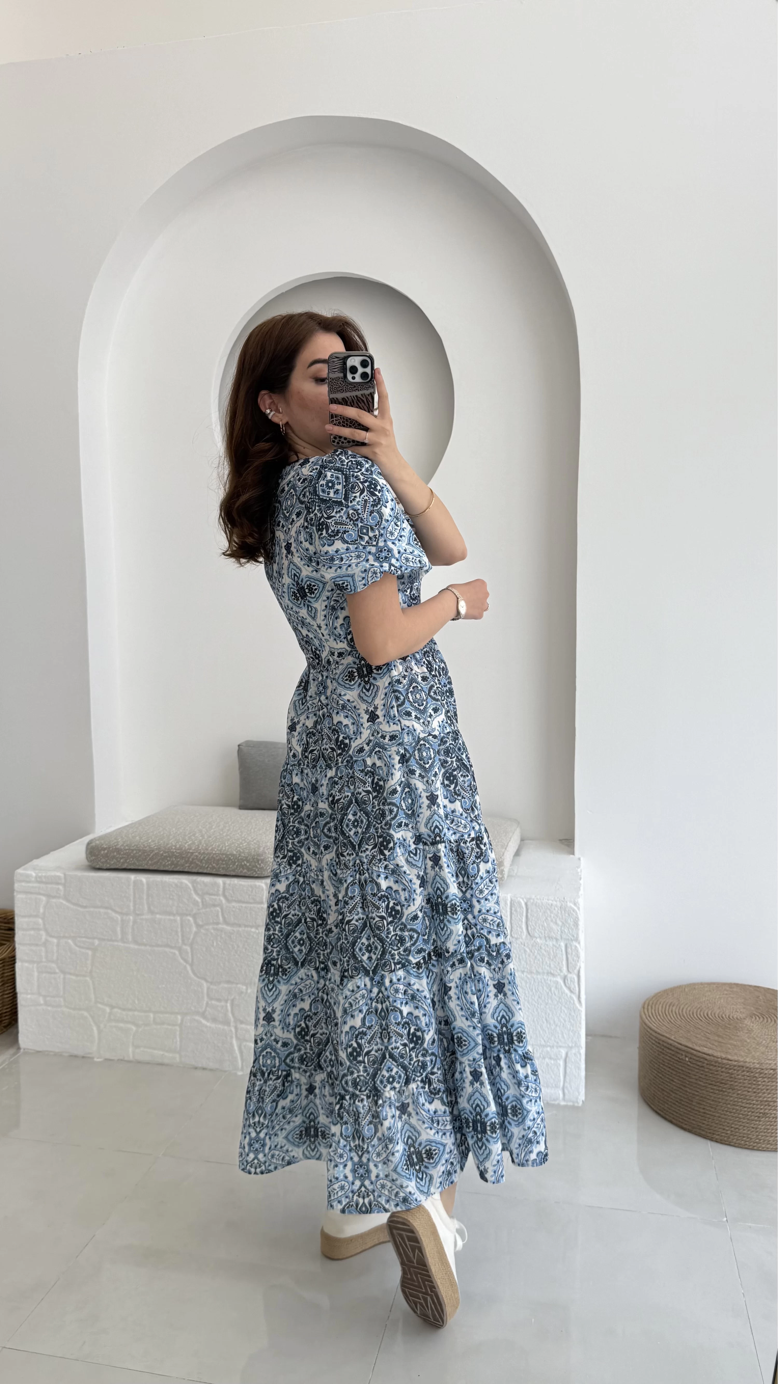 Desenli Elbise Mavi - 3033
