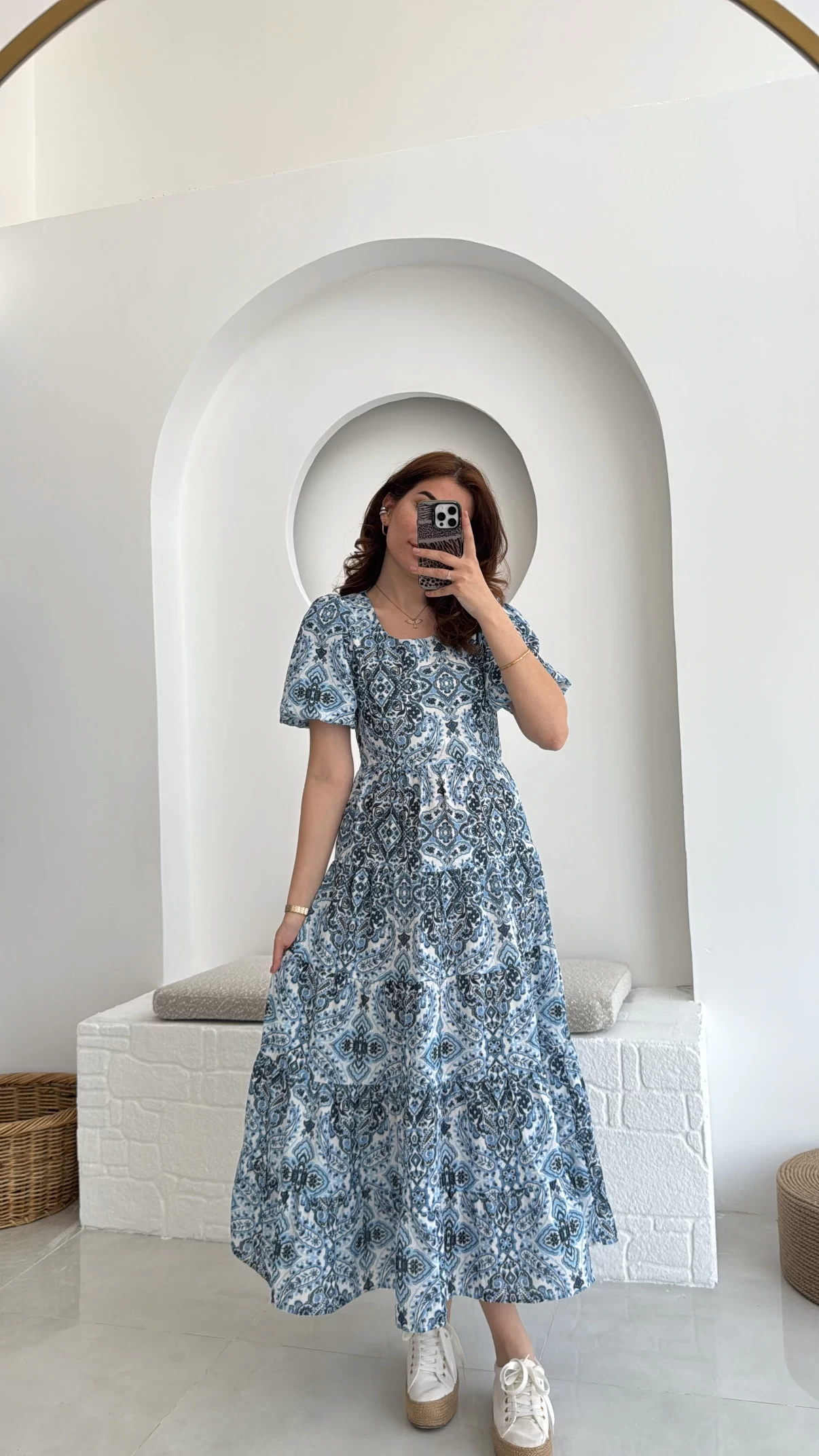 Desenli Elbise Mavi - 3033